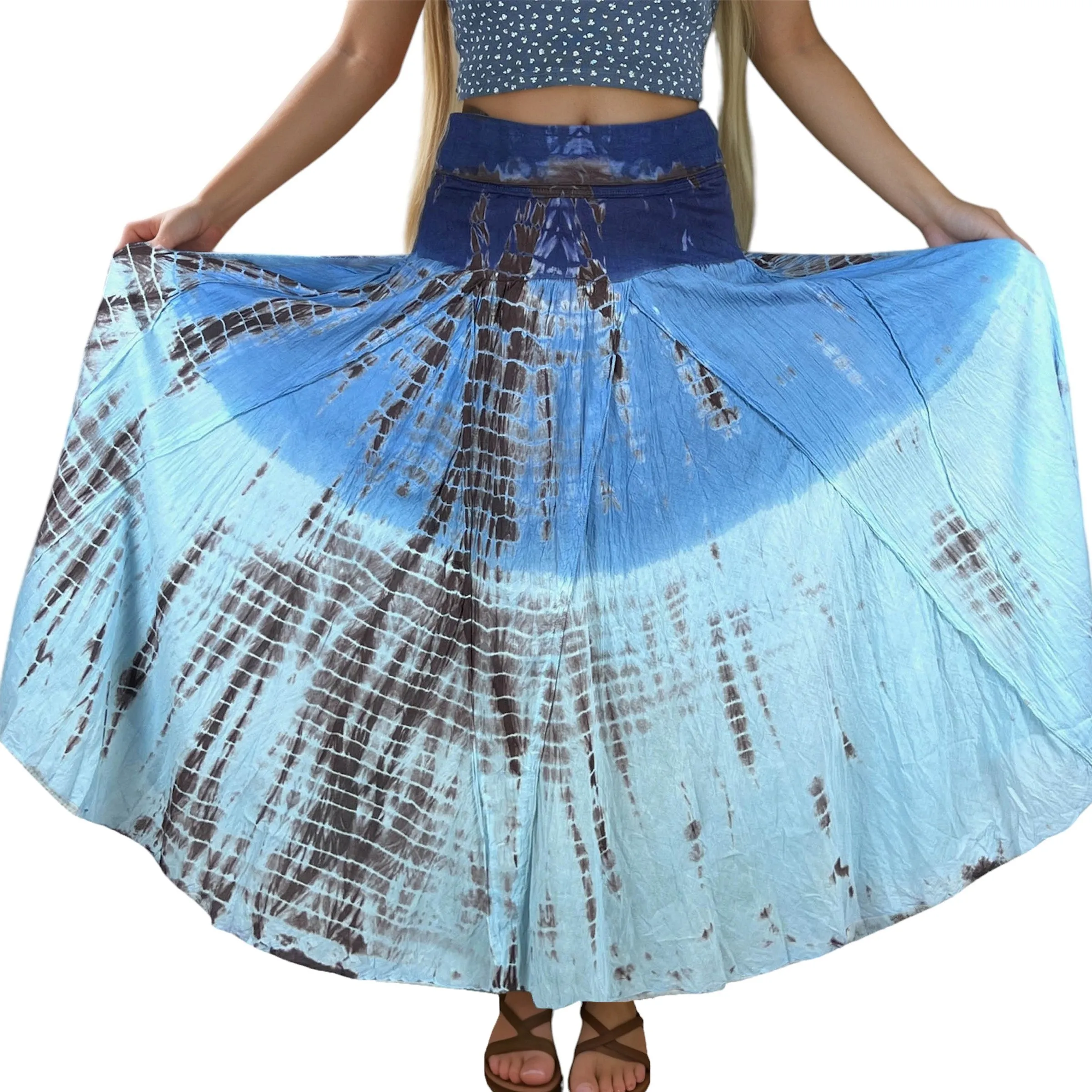 61 SKT Women’s Tie-dye Bohemian High Waist Maxi Skirt Lined Navy Brown