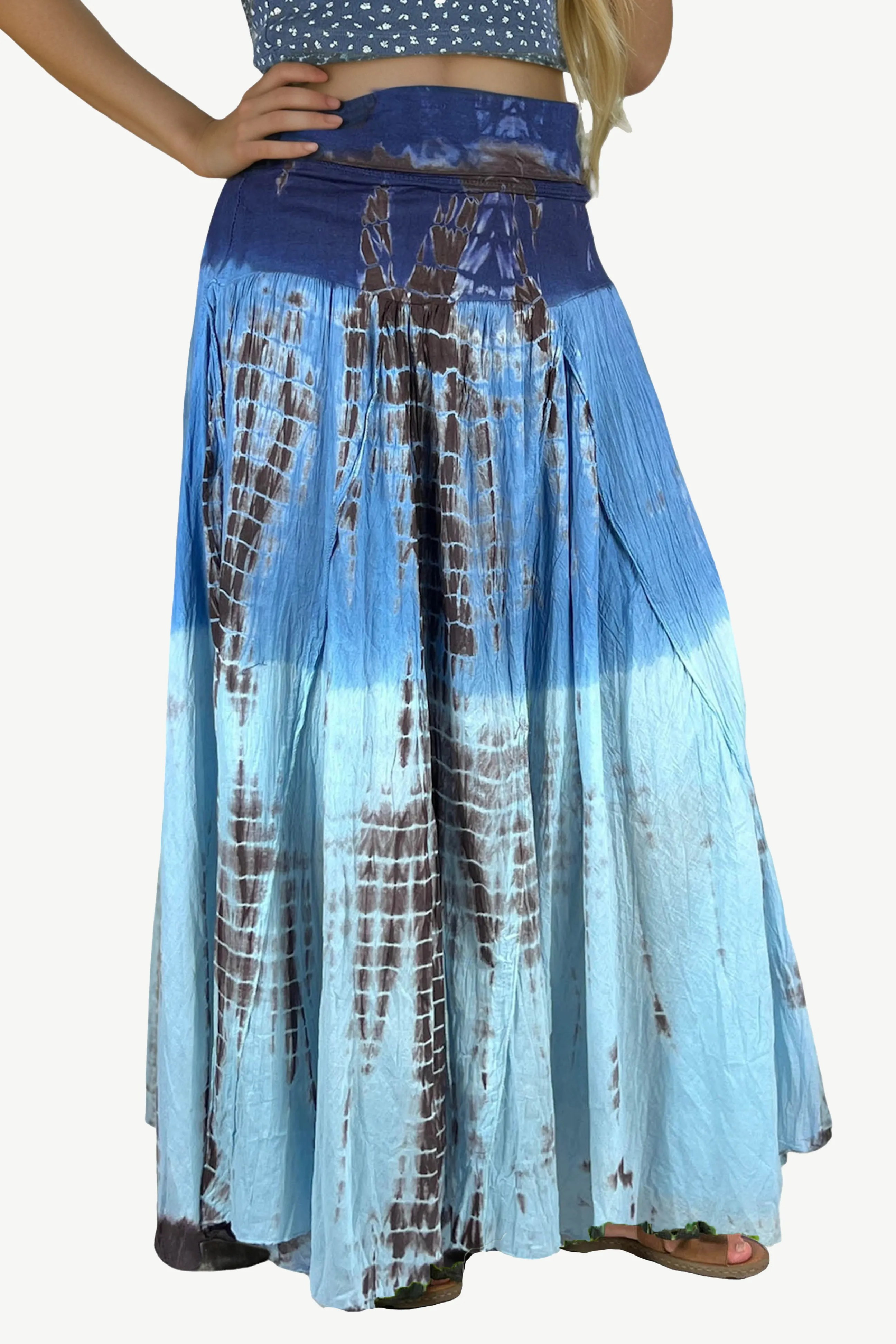 61 SKT Women’s Tie-dye Bohemian High Waist Maxi Skirt Lined Navy Brown
