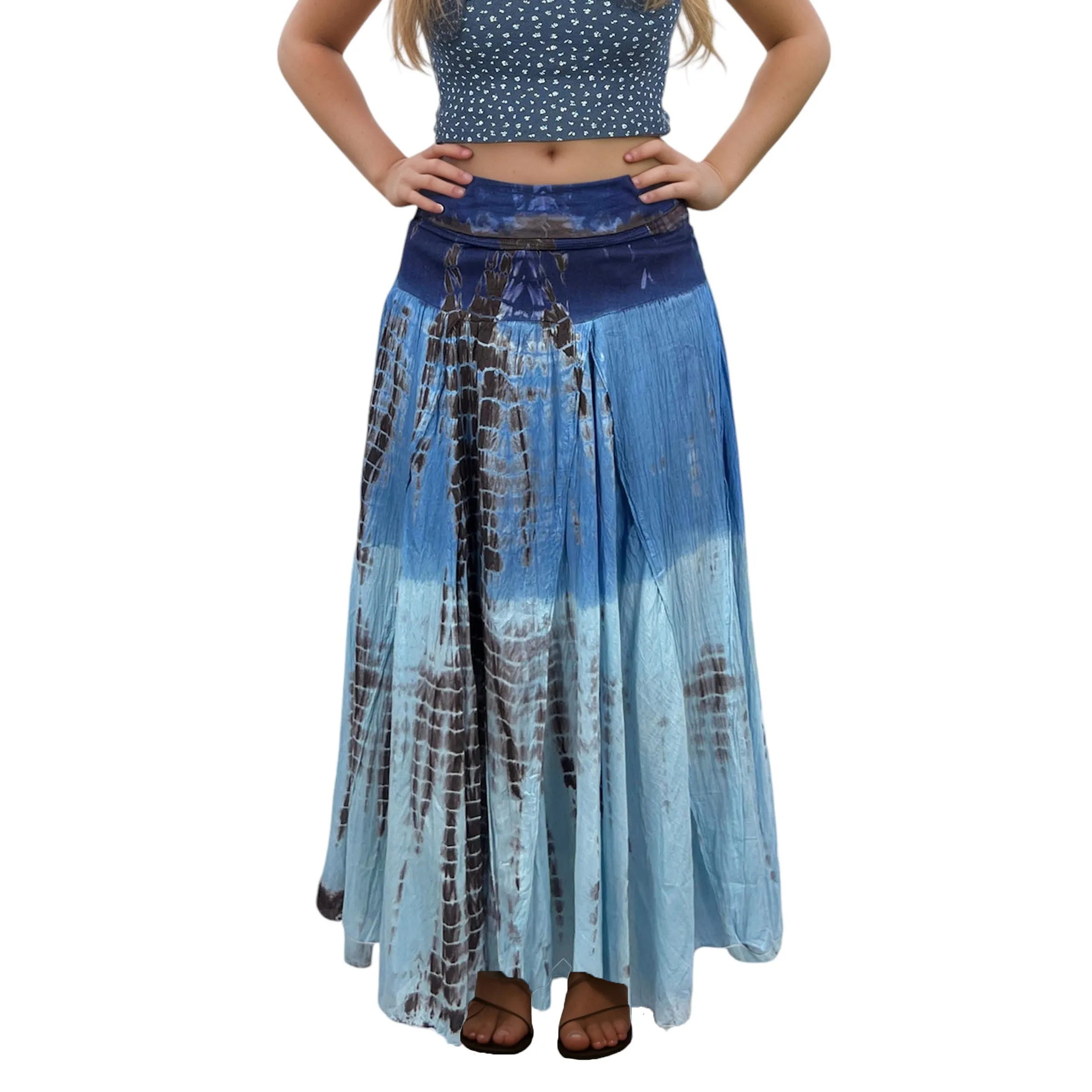 61 SKT Women’s Tie-dye Bohemian High Waist Maxi Skirt Lined Navy Brown