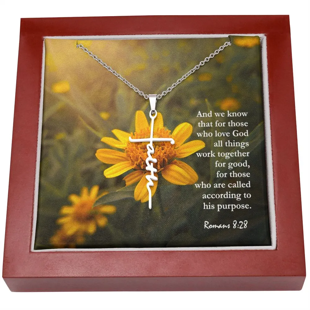 And We Know That For Those Who Love God All Things Work Together For Good - Faith Cross Necklace with Message Card - Gift for Her - Gift for Him