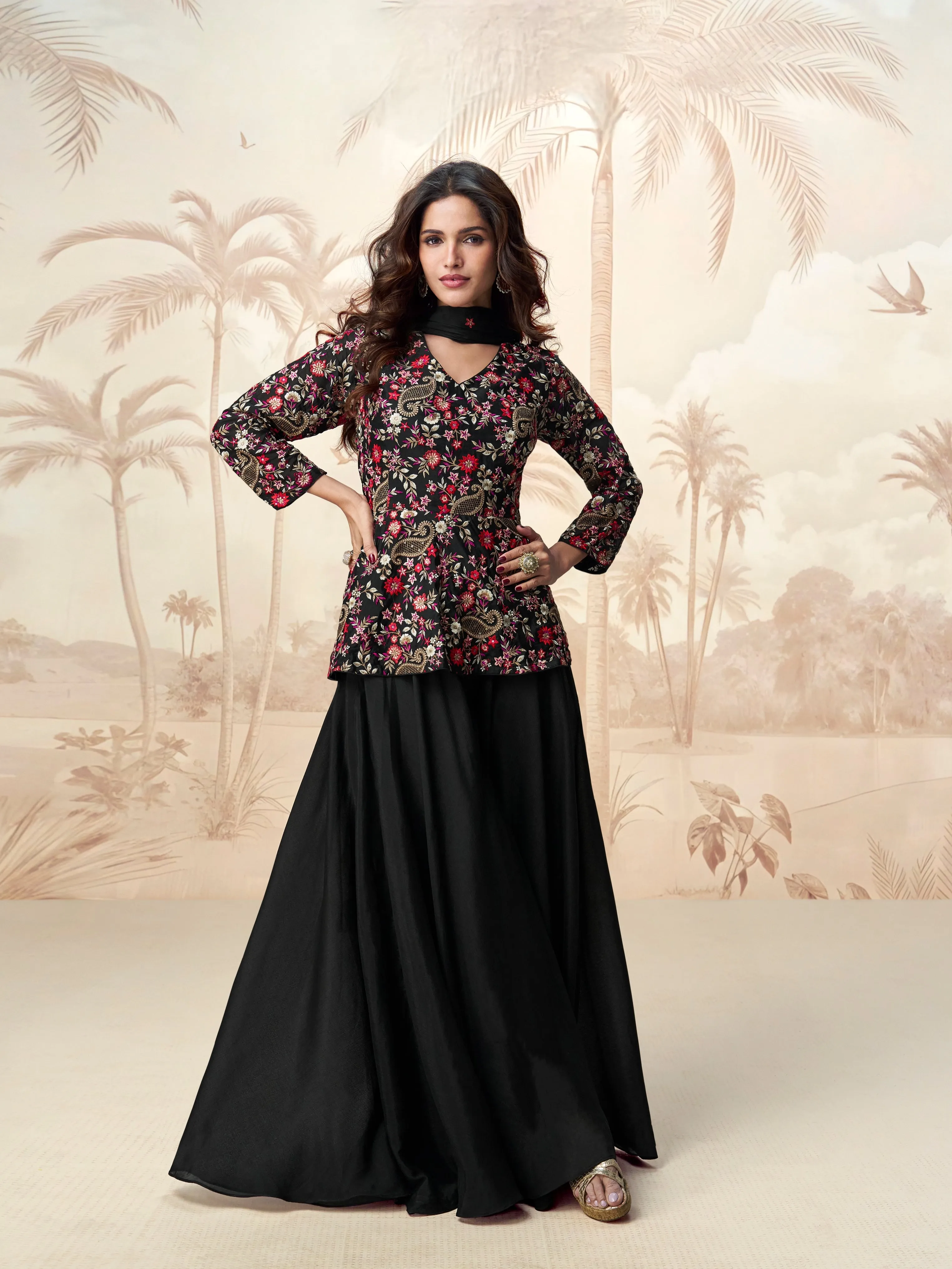 Black Embroidered Palazzo Suit for Women