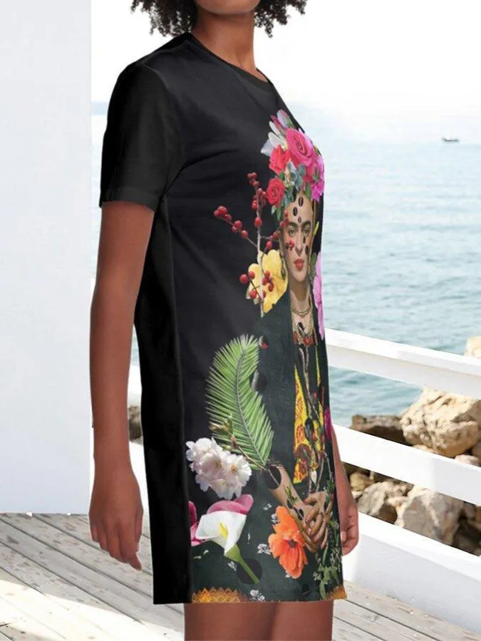 Black Floral Printed Pockets Short Sleeve Casual T-shirt Dresses