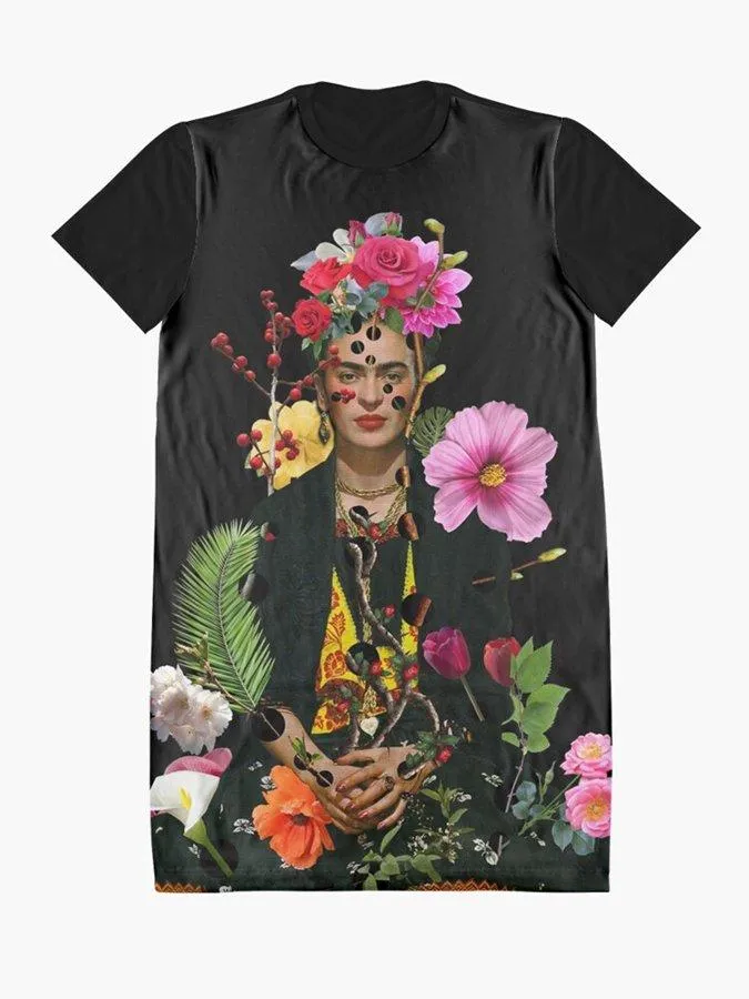 Black Floral Printed Pockets Short Sleeve Casual T-shirt Dresses
