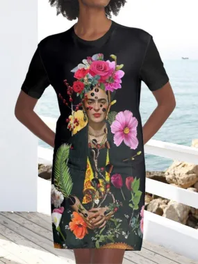Black Floral Printed Pockets Short Sleeve Casual T-shirt Dresses