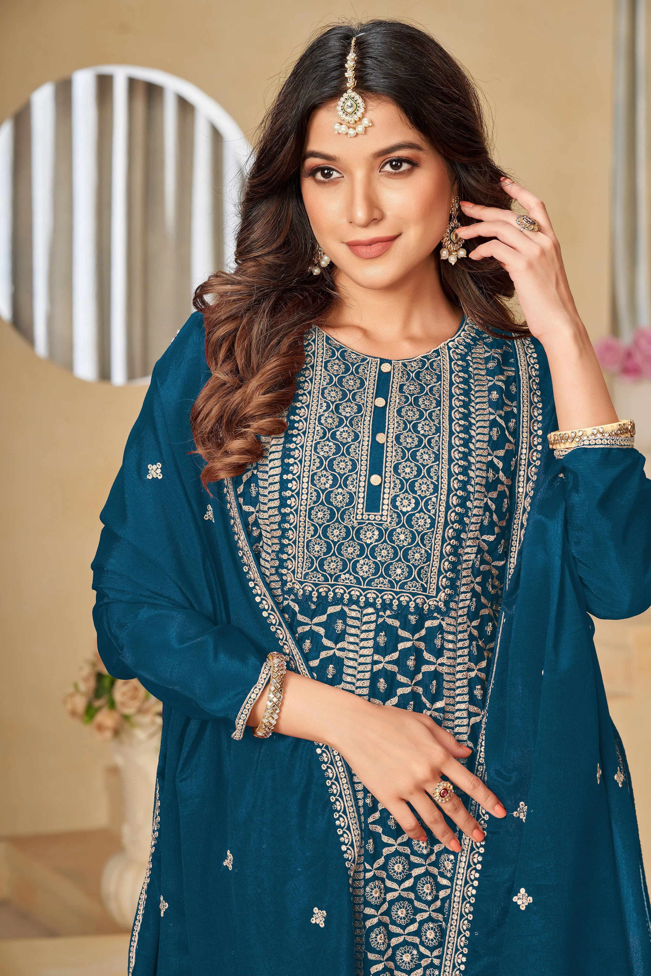 Blue Real Pure Chinnon Heavy Embroidered Palazzo Suit