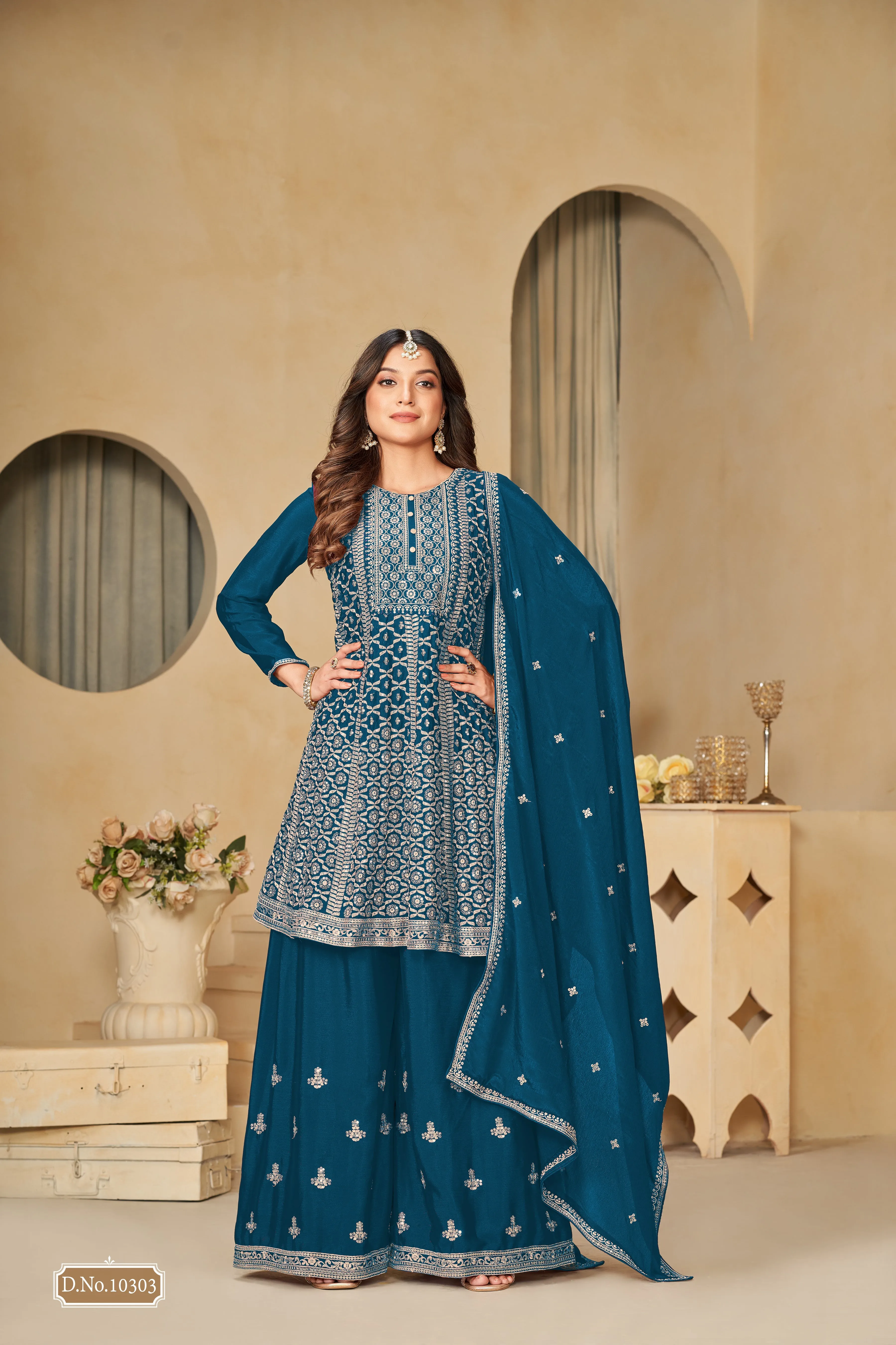 Blue Real Pure Chinnon Heavy Embroidered Palazzo Suit
