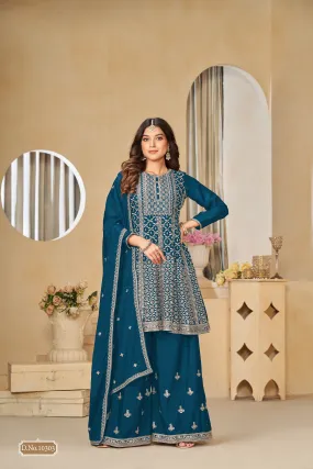 Blue Real Pure Chinnon Heavy Embroidered Palazzo Suit