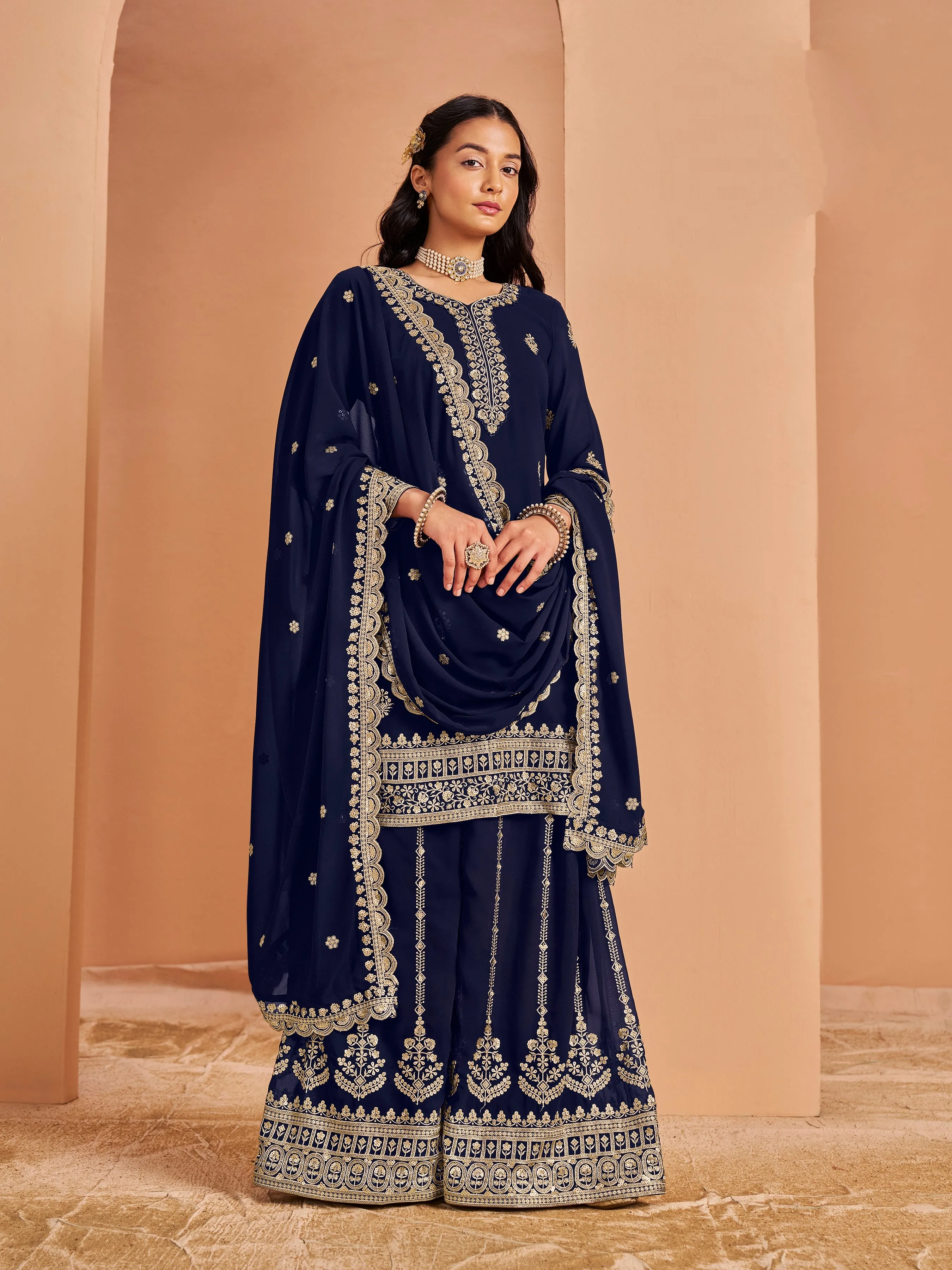 Blue Real Pure Faux Georgette Embroidered Palazzo Suit