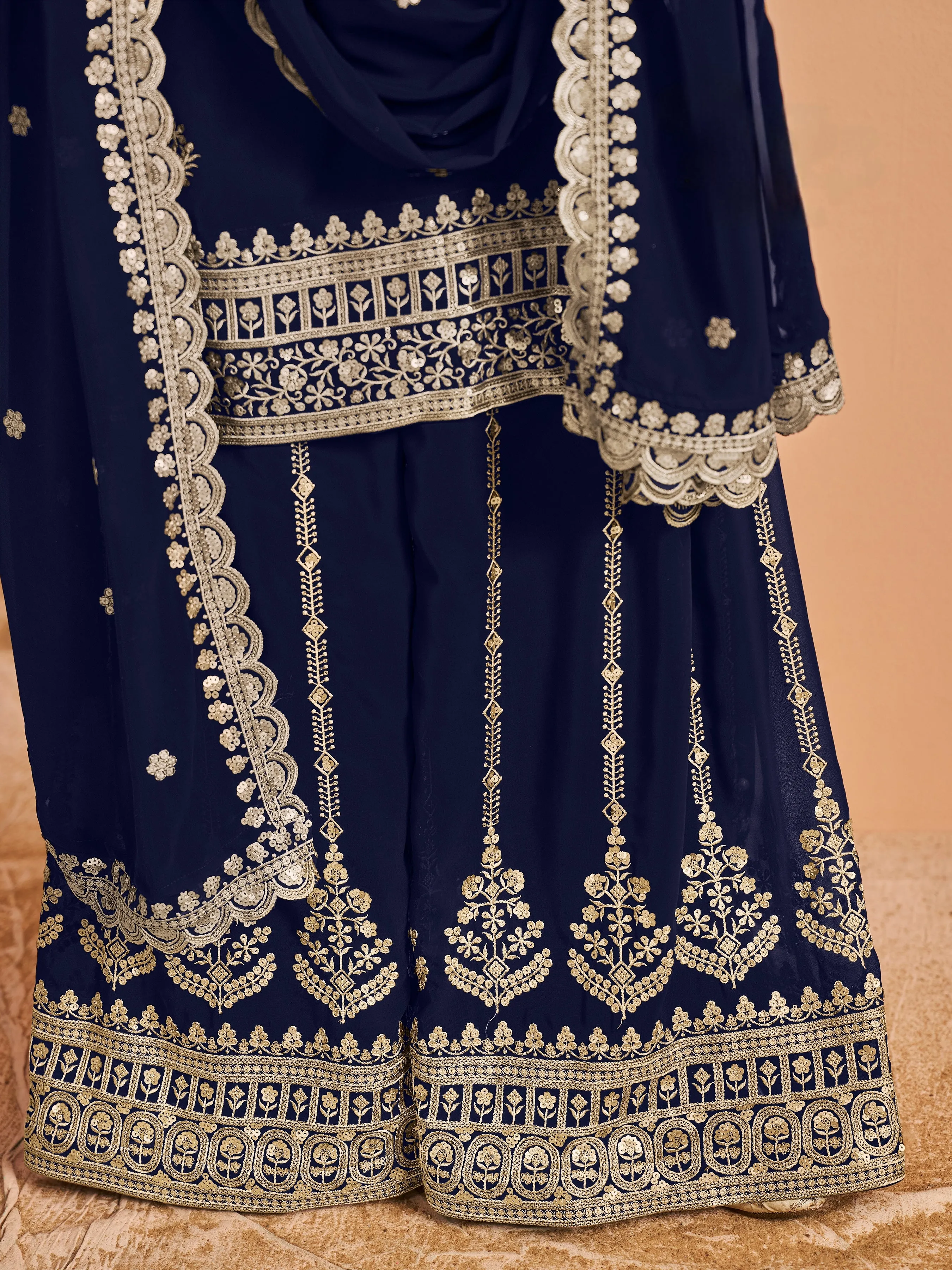 Blue Real Pure Faux Georgette Embroidered Palazzo Suit