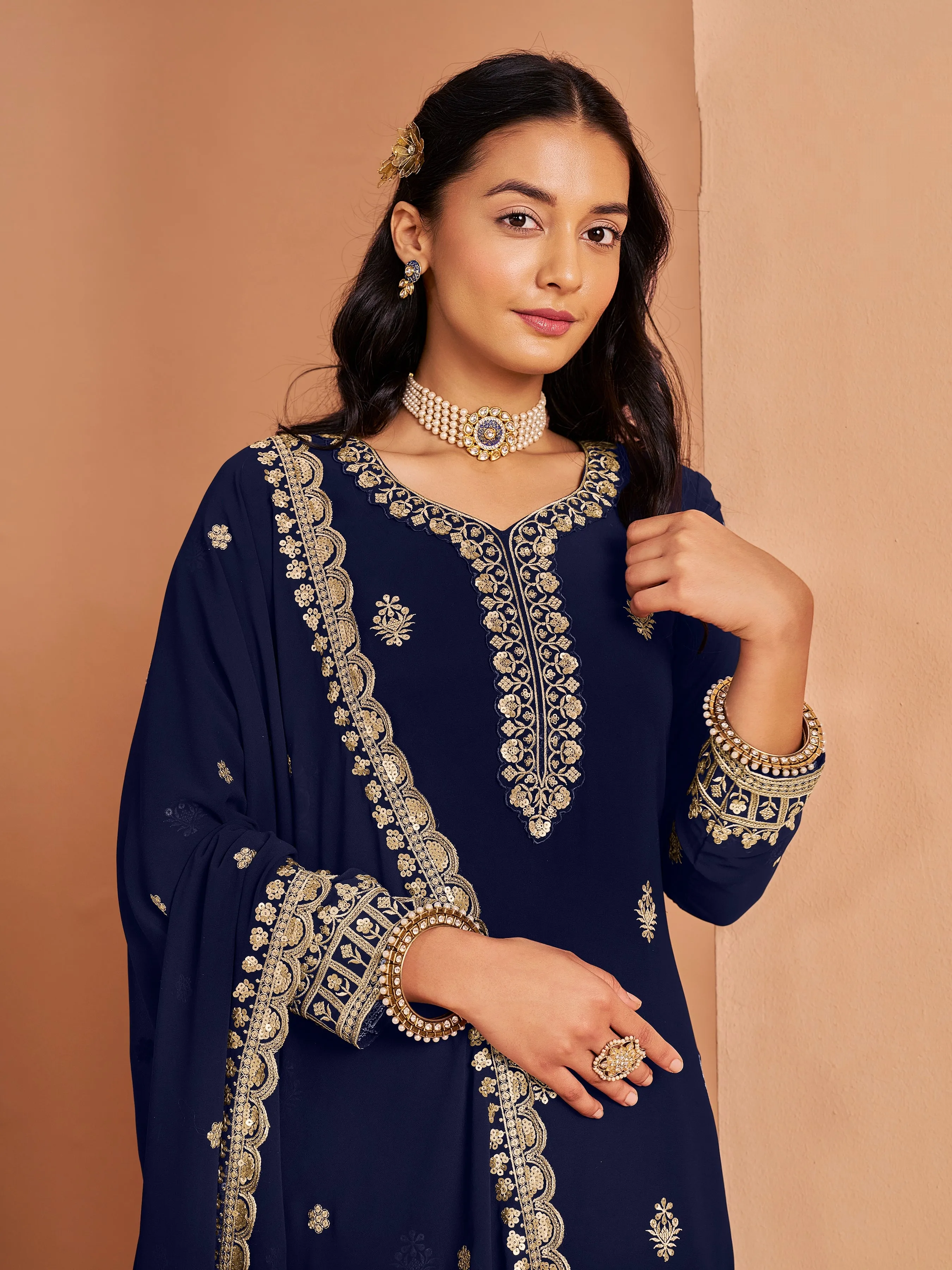 Blue Real Pure Faux Georgette Embroidered Palazzo Suit