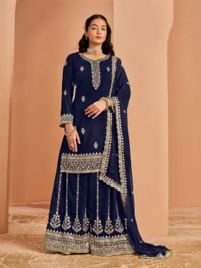 Blue Real Pure Faux Georgette Embroidered Palazzo Suit