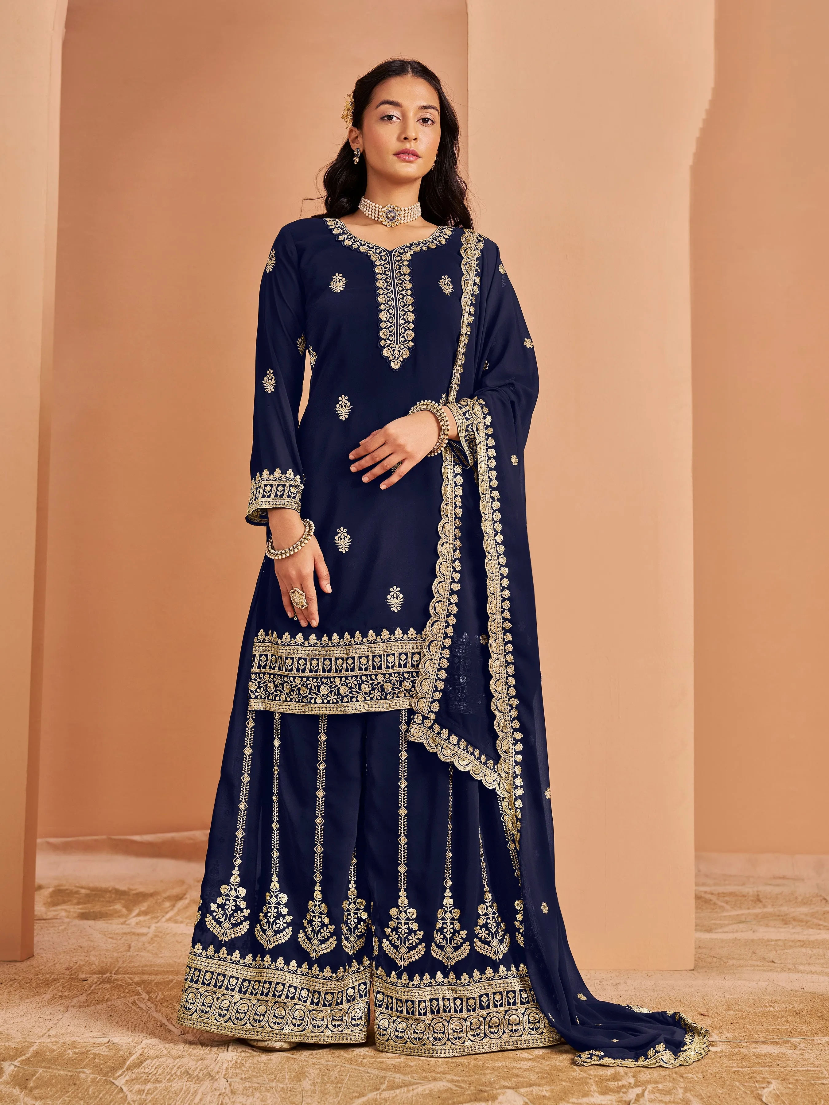 Blue Real Pure Faux Georgette Embroidered Palazzo Suit