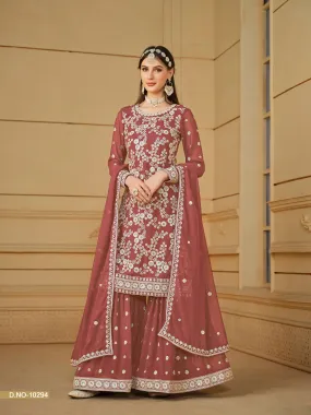 Brick Red Real Pure Faux Georgette Embroidered Palazzo Suit