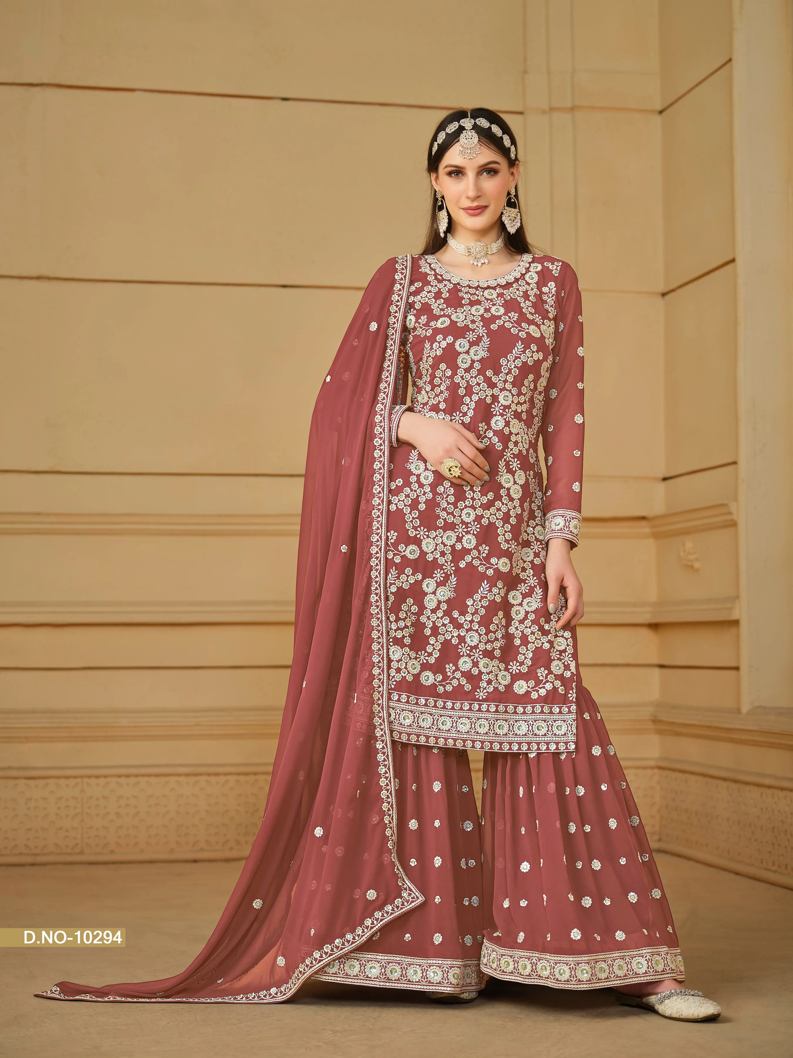 Brick Red Real Pure Faux Georgette Embroidered Palazzo Suit