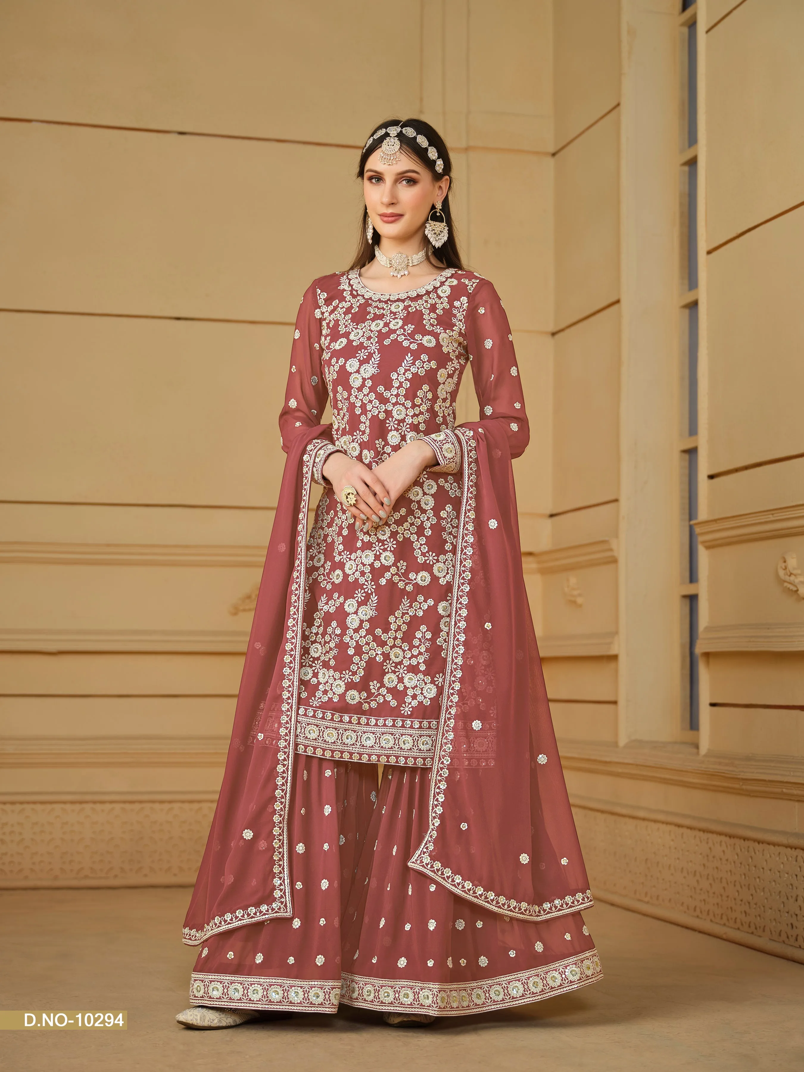 Brick Red Real Pure Faux Georgette Embroidered Palazzo Suit
