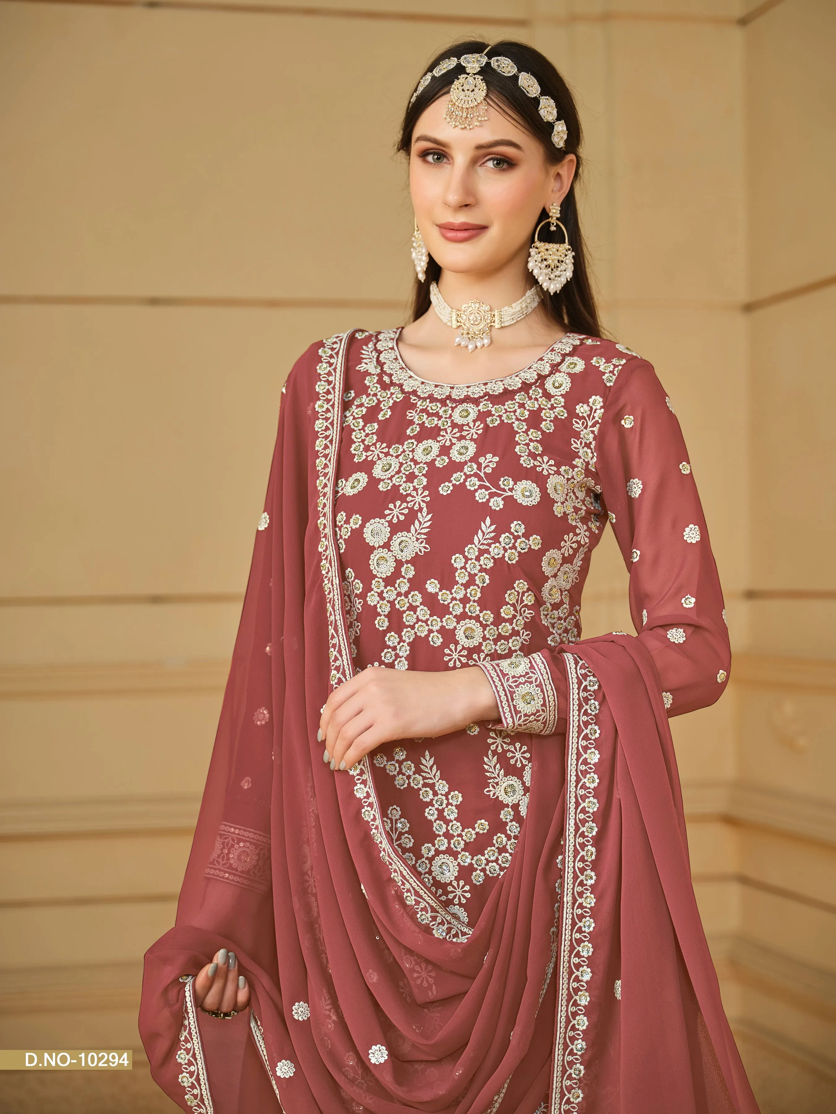 Brick Red Real Pure Faux Georgette Embroidered Palazzo Suit