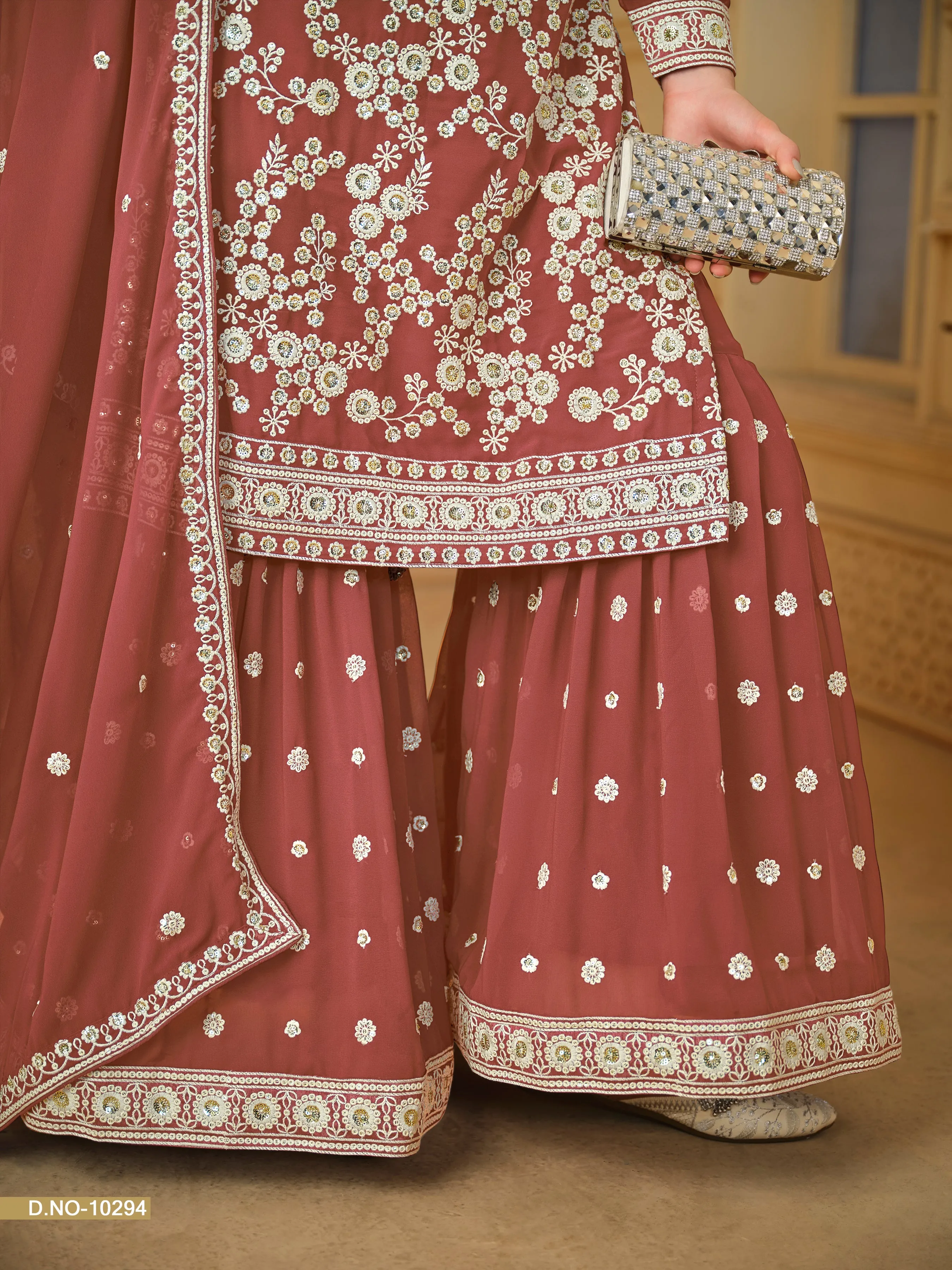 Brick Red Real Pure Faux Georgette Embroidered Palazzo Suit