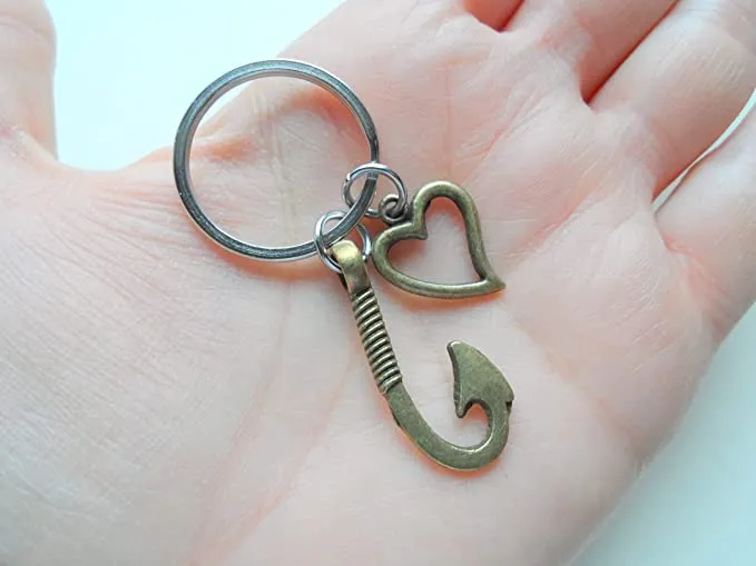 Bronze Fish Hook Keychain with Heart Charm - I'm Hooked On You; Couples Keychain