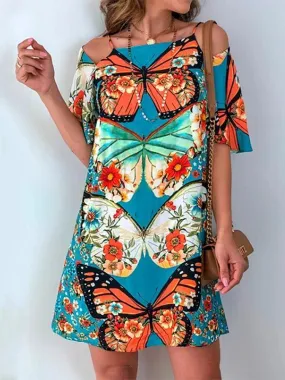 Butterfly Print & Open Back Sexy Dress