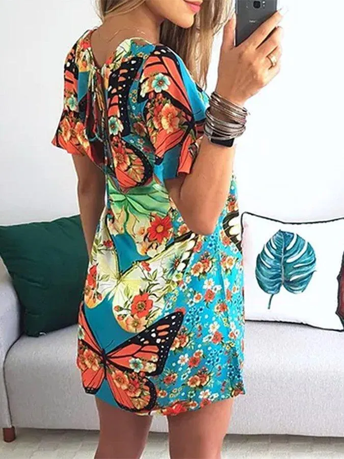 Butterfly Print & Open Back Sexy Dress