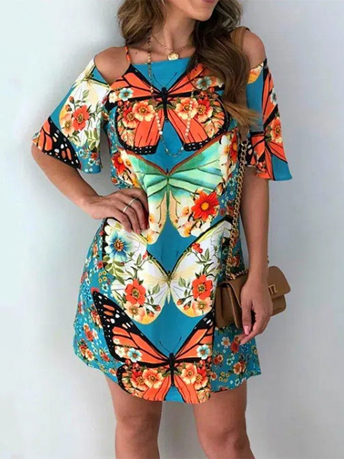Butterfly Print & Open Back Sexy Dress