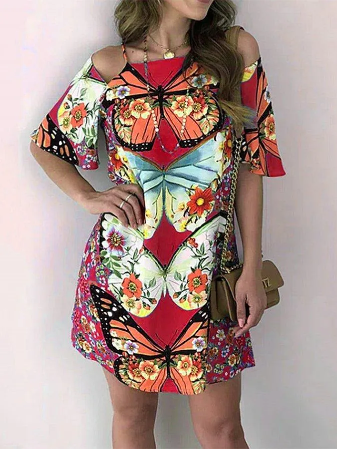 Butterfly Print & Open Back Sexy Dress