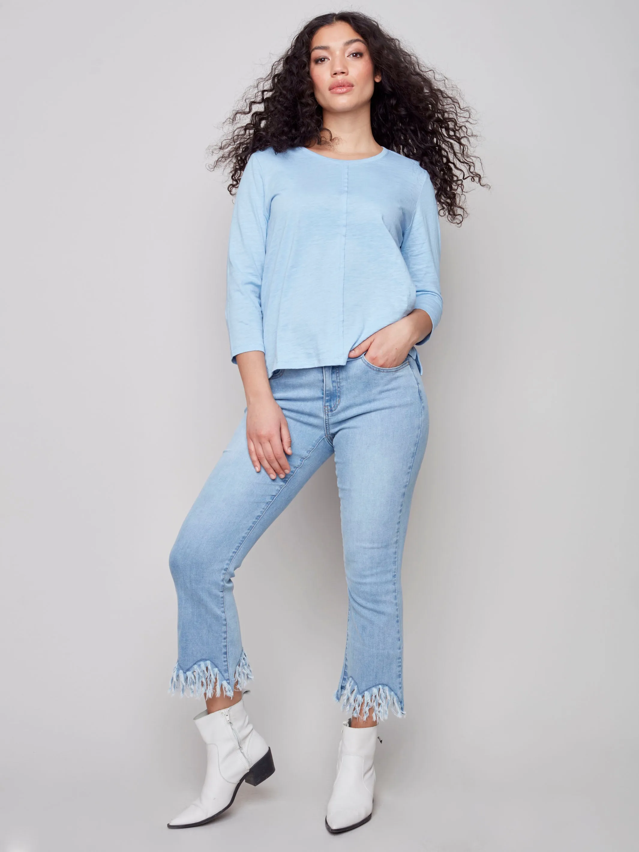 Cropped Jeans with Feathered Hem - Light Blue