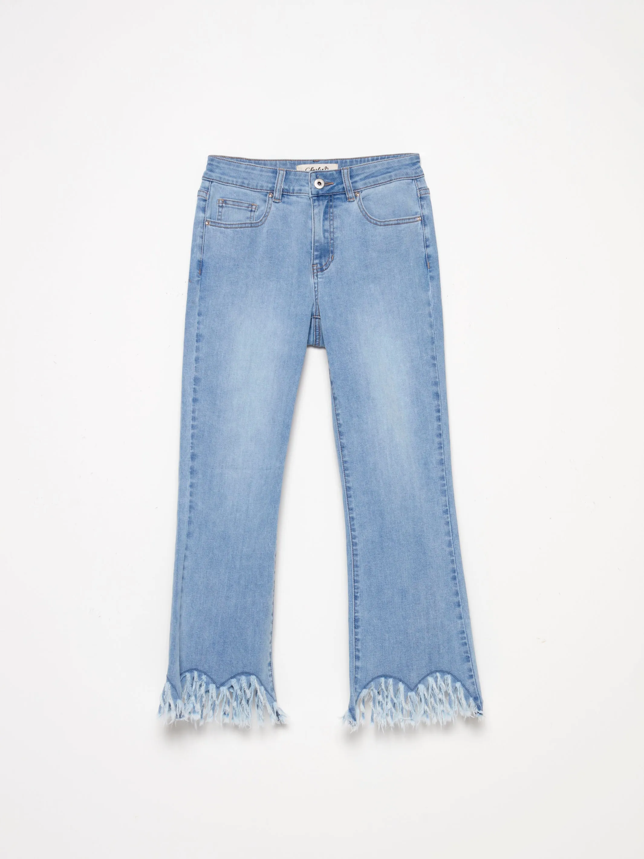 Cropped Jeans with Feathered Hem - Light Blue