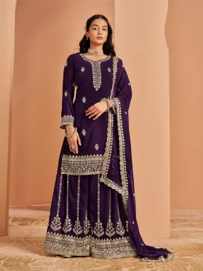 Dark Purple Real Pure Faux Georgette Embroidered Palazzo Suit