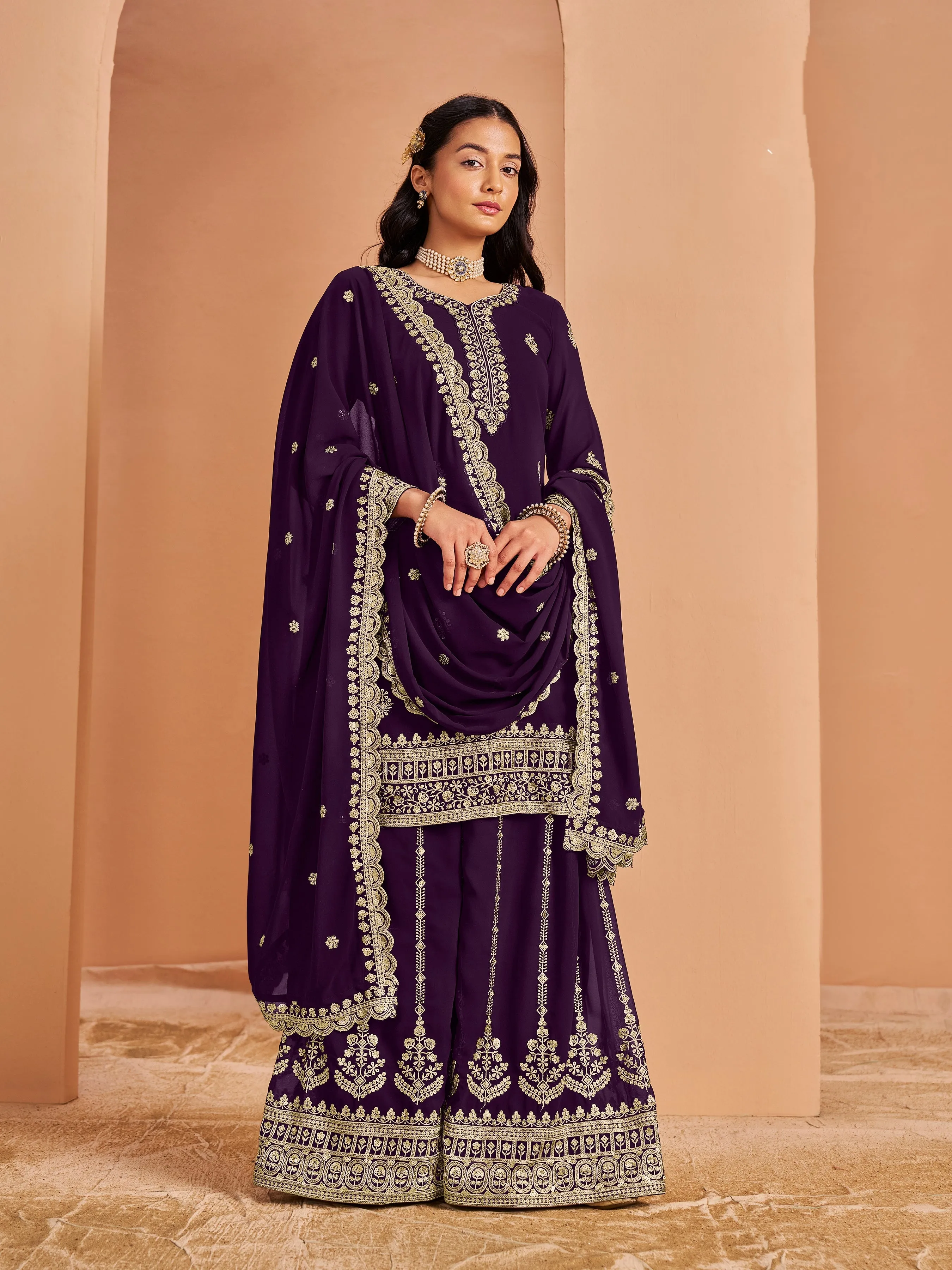 Dark Purple Real Pure Faux Georgette Embroidered Palazzo Suit