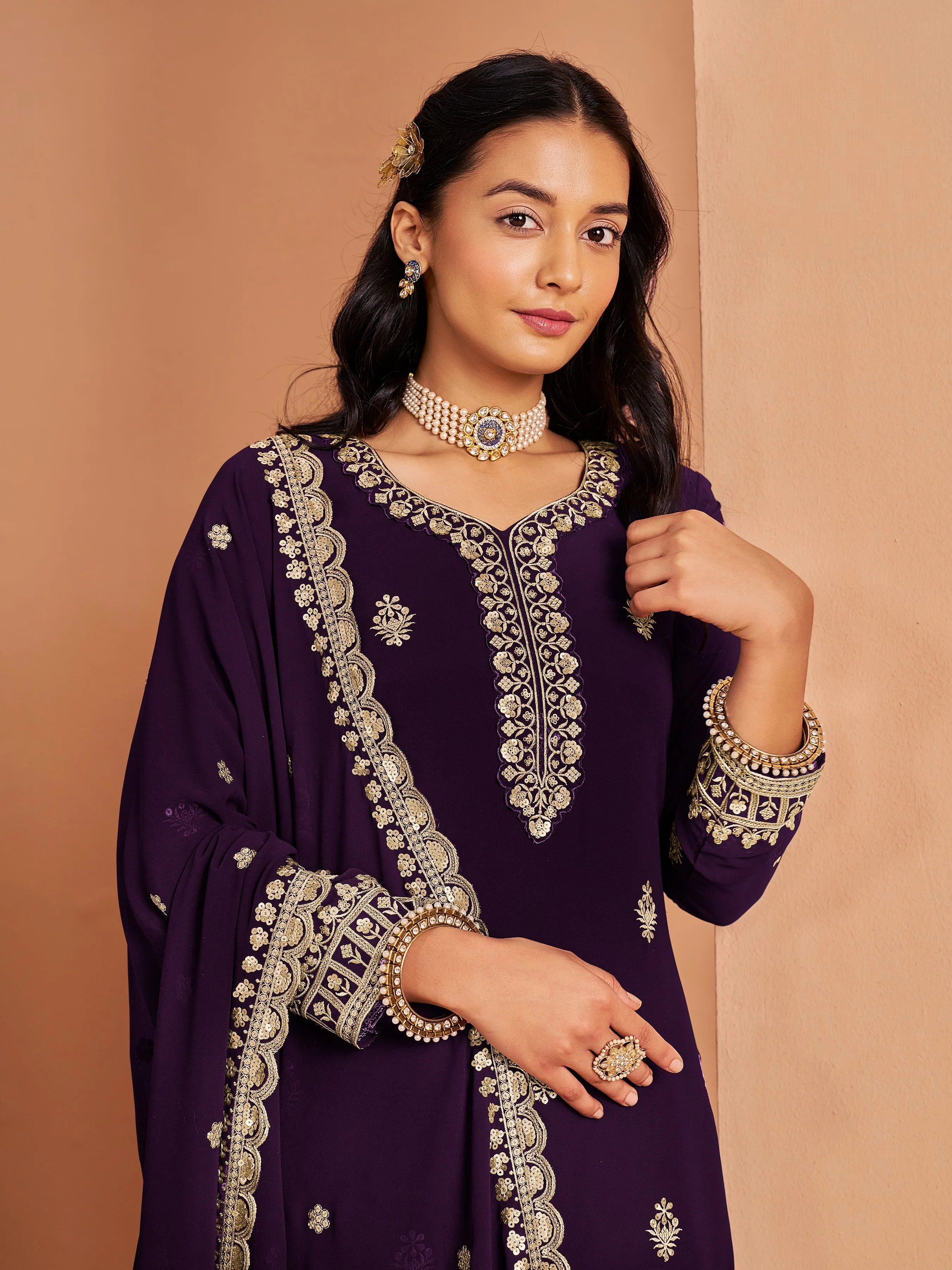 Dark Purple Real Pure Faux Georgette Embroidered Palazzo Suit