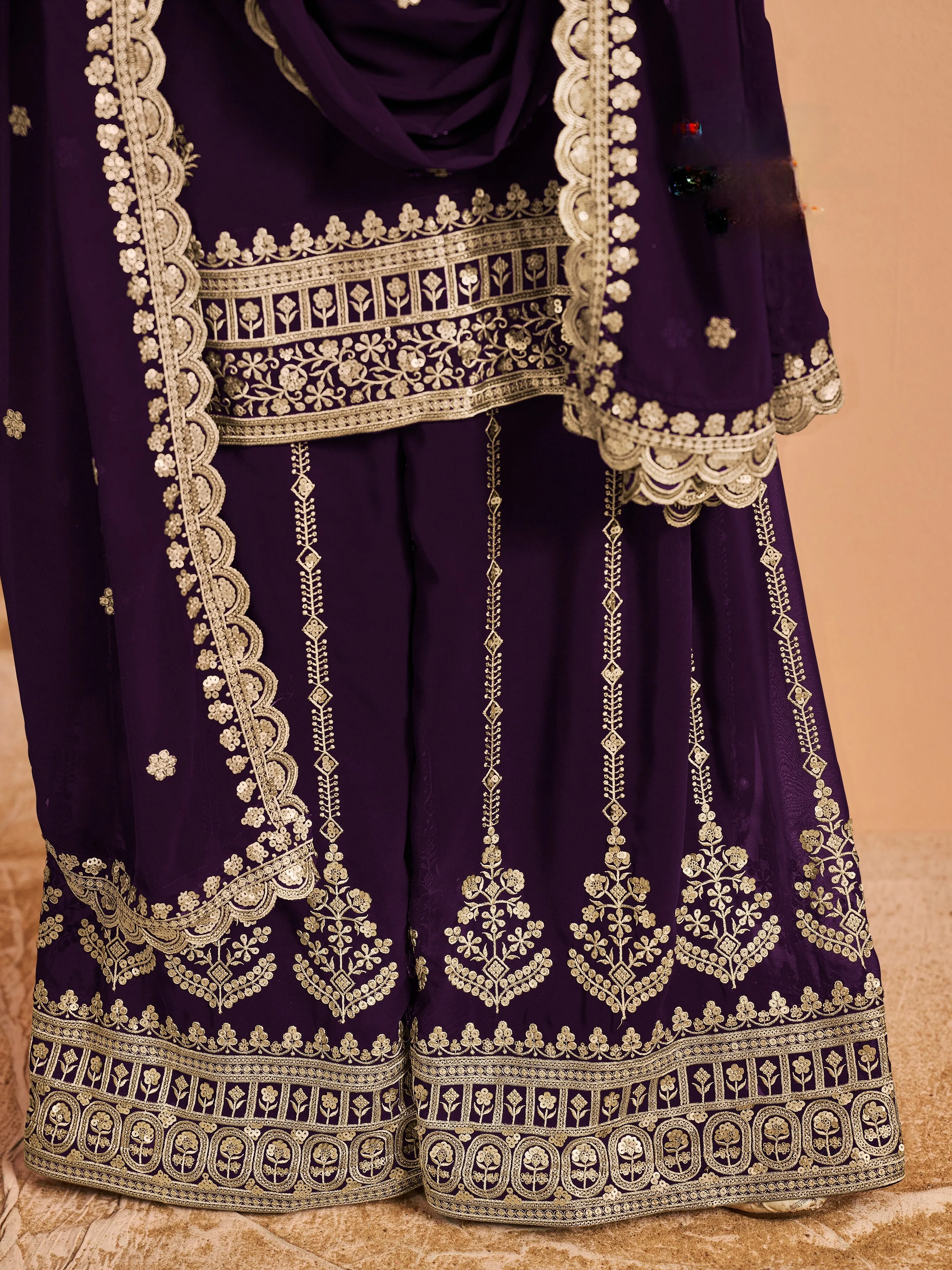 Dark Purple Real Pure Faux Georgette Embroidered Palazzo Suit