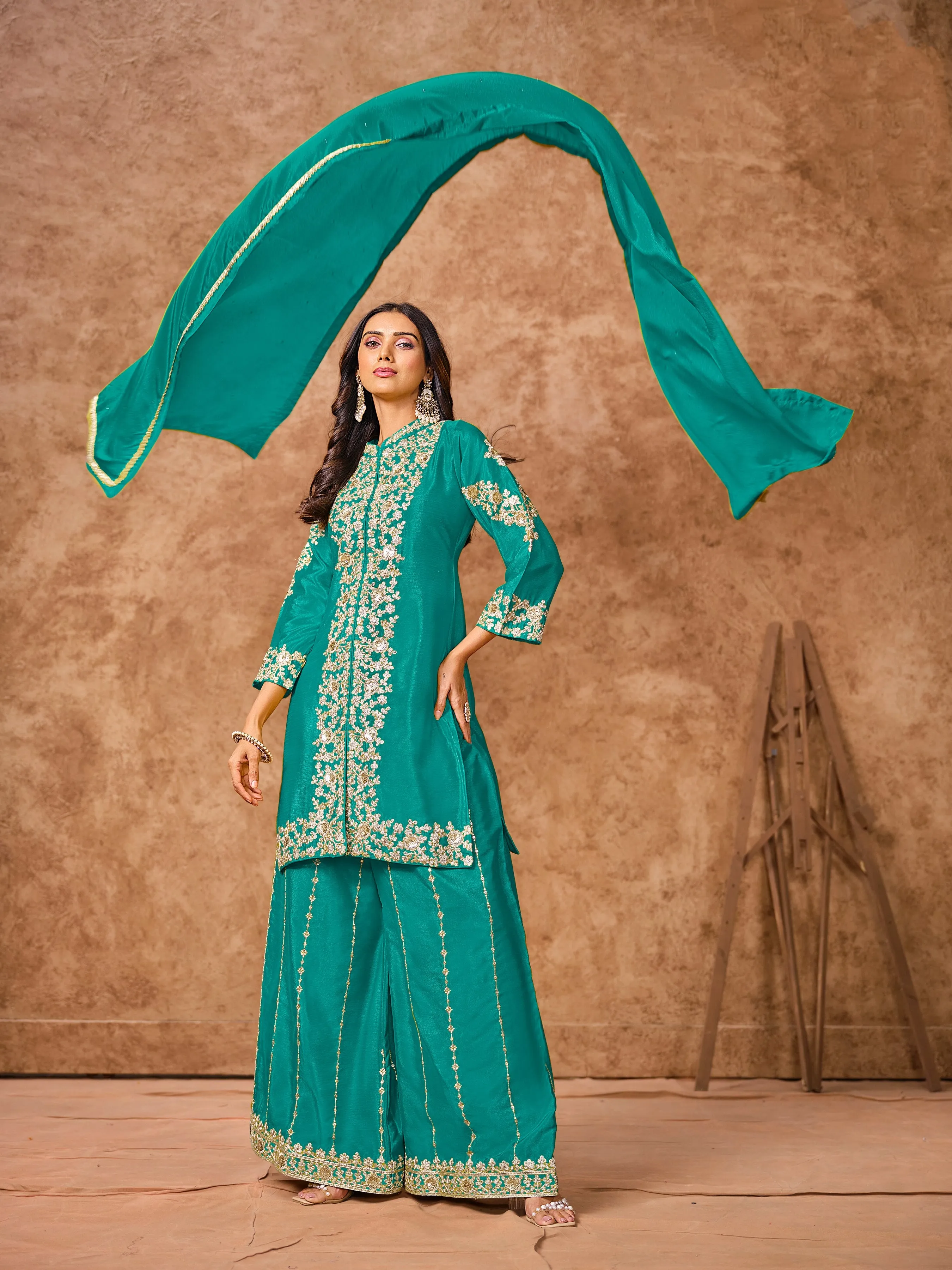 Firozi Real Chinon Embroidered Palazzo Suit