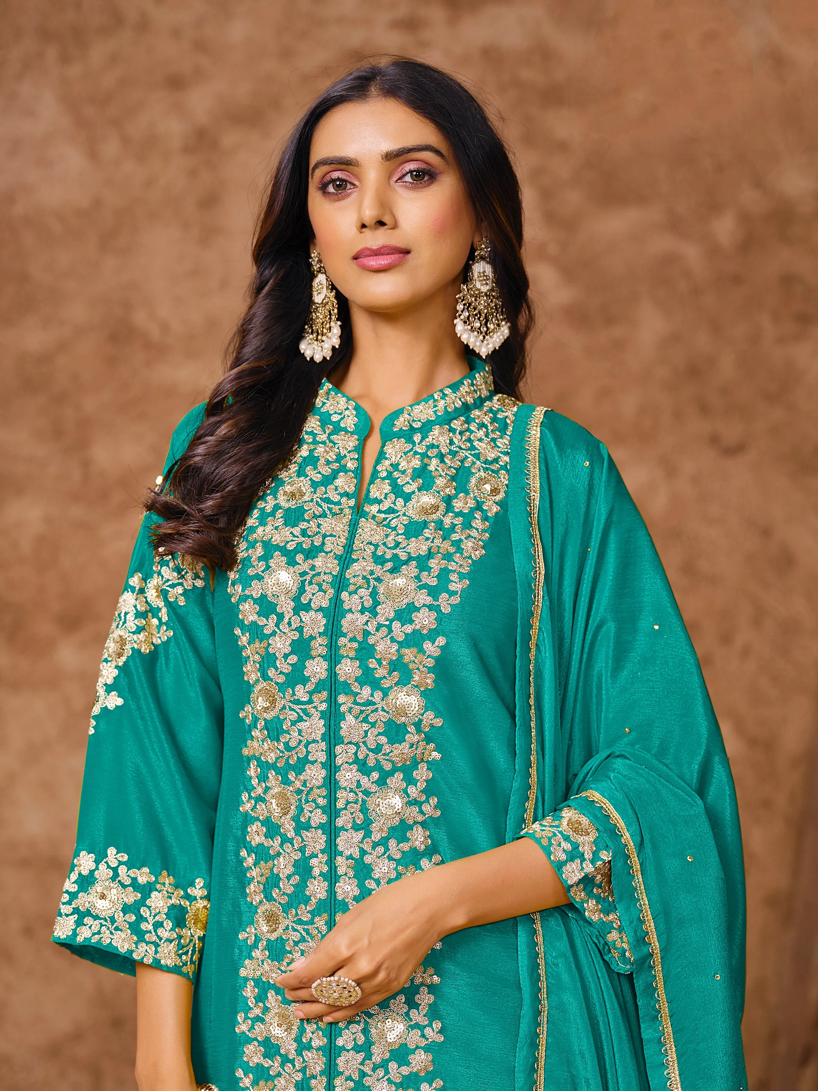 Firozi Real Chinon Embroidered Palazzo Suit