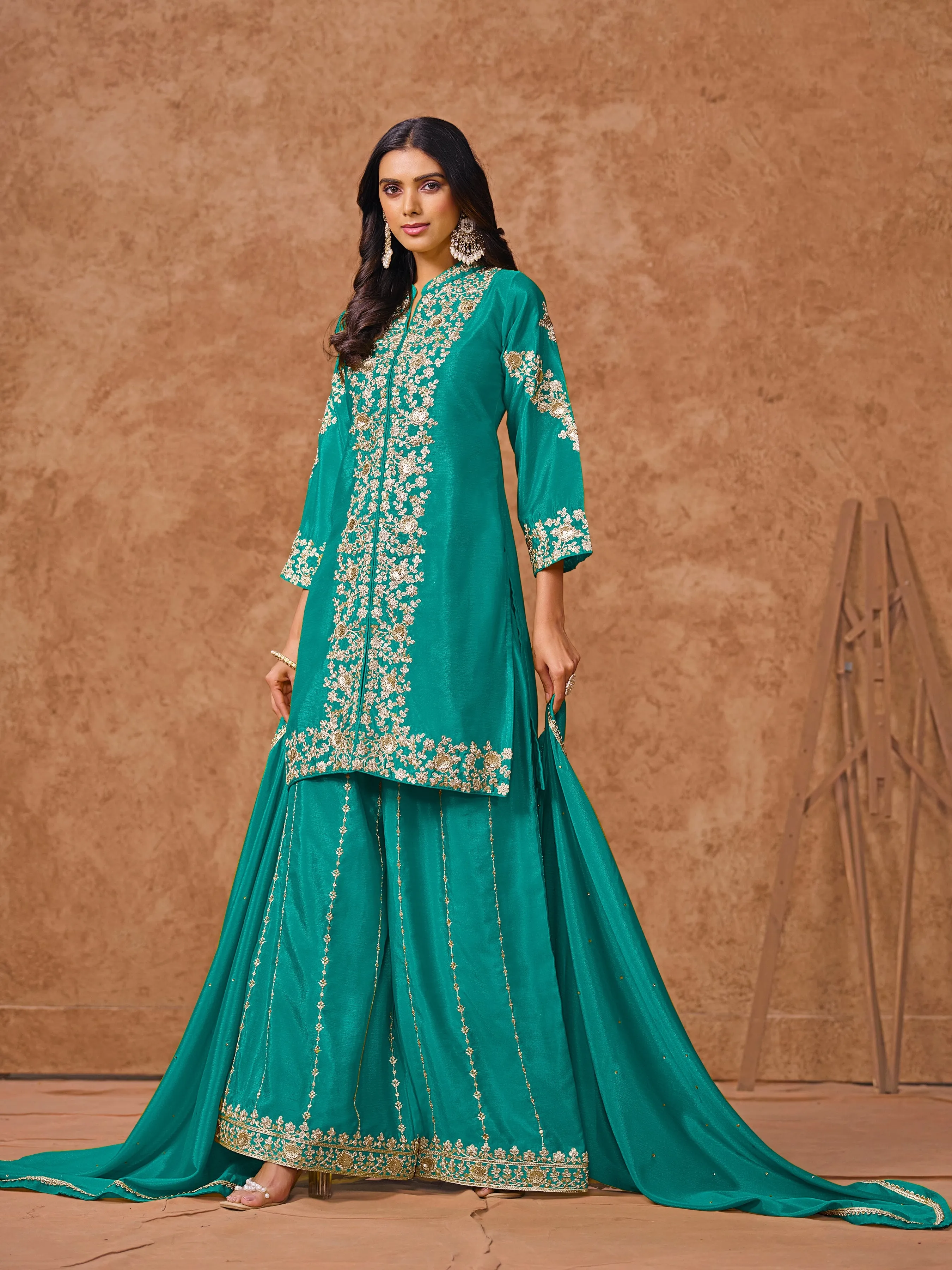Firozi Real Chinon Embroidered Palazzo Suit
