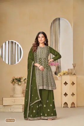 Green Real Pure Chinnon Heavy Embroidered Palazzo Suit