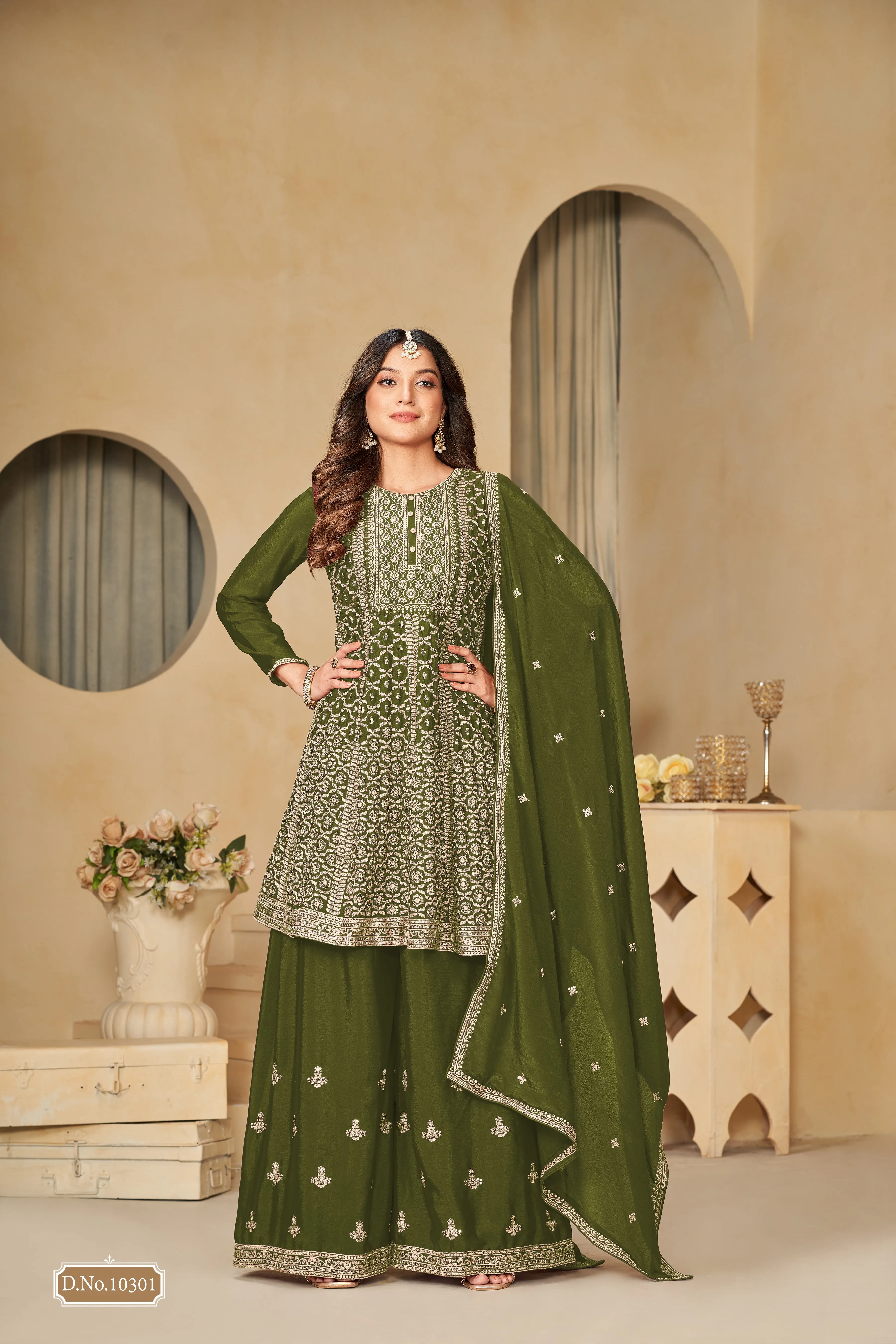 Green Real Pure Chinnon Heavy Embroidered Palazzo Suit