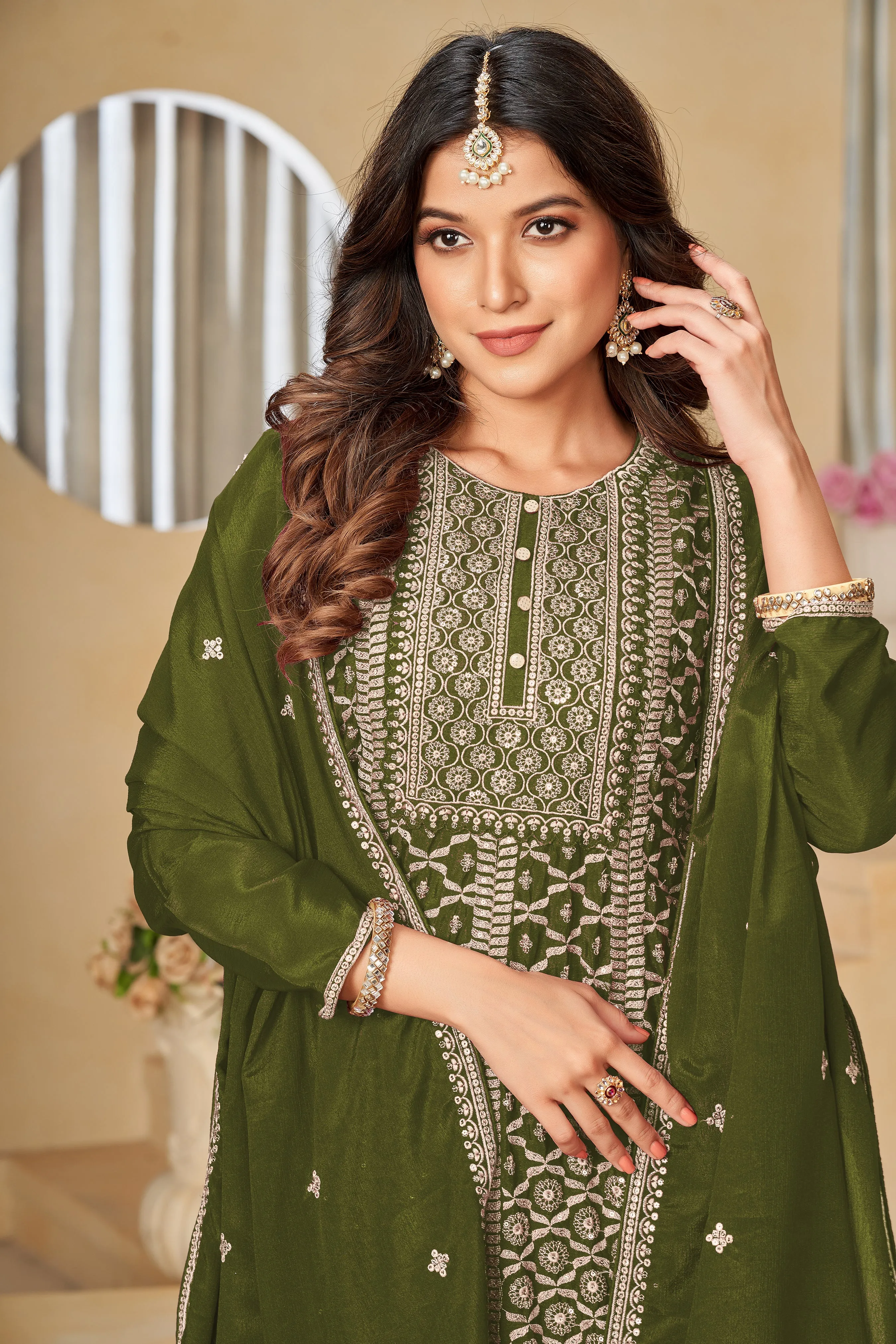Green Real Pure Chinnon Heavy Embroidered Palazzo Suit