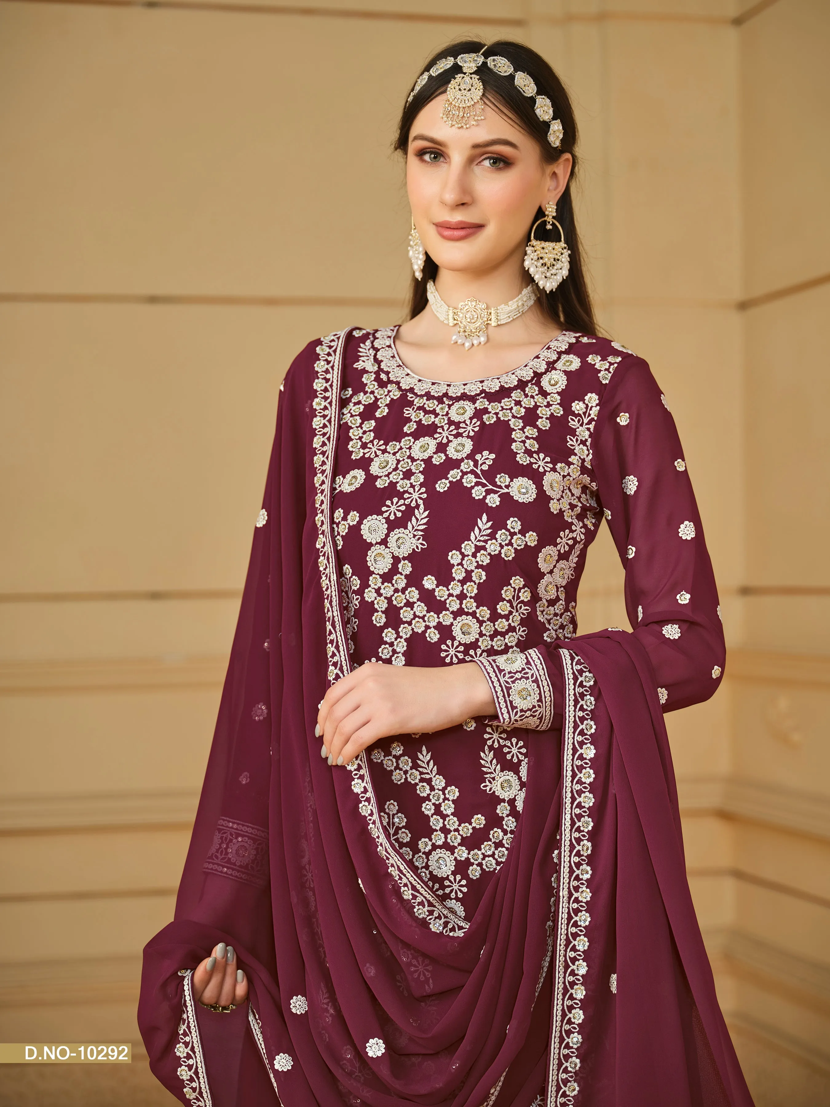 Maroon Real Pure Faux Georgette Embroidered Palazzo Suit
