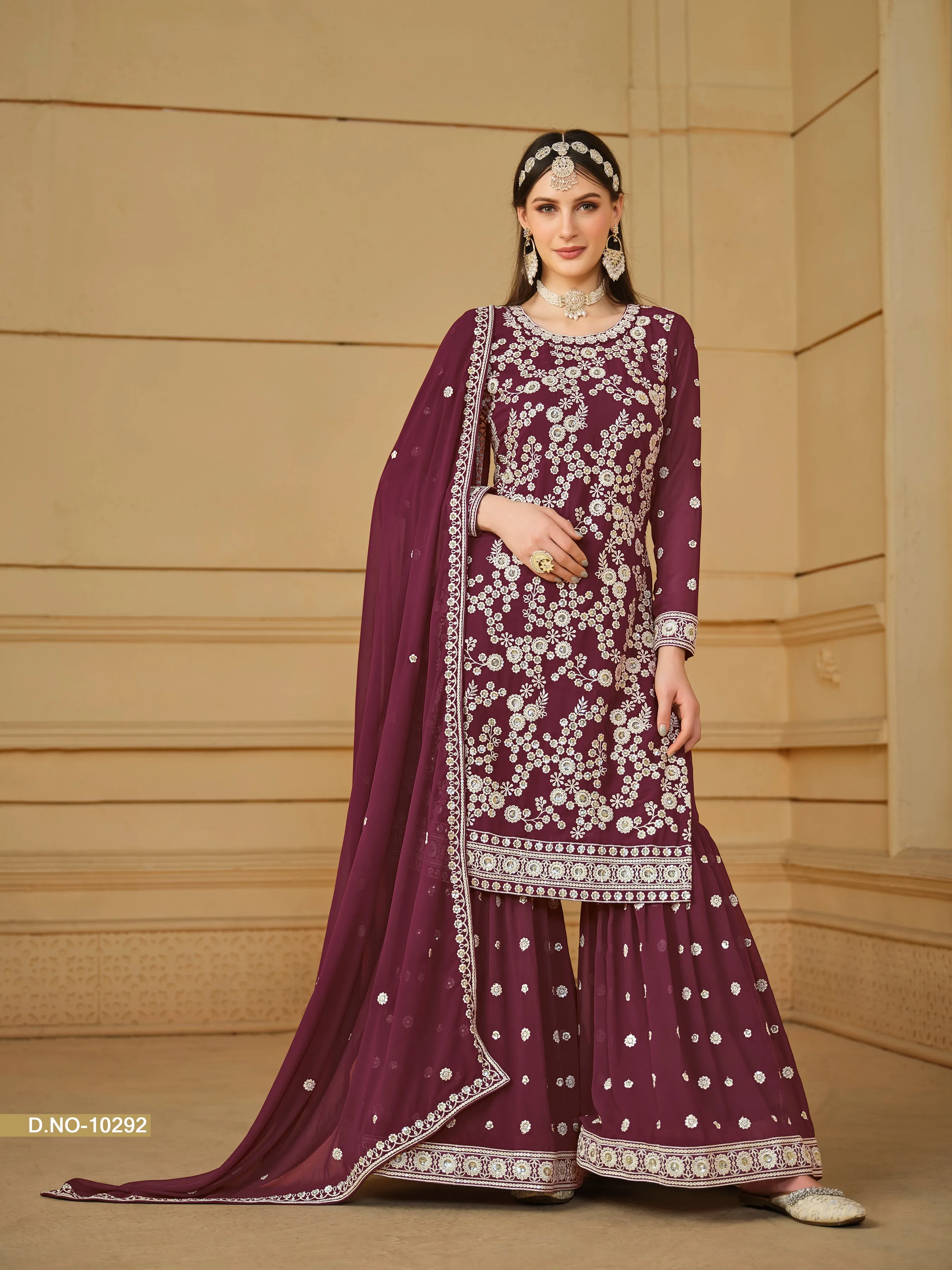 Maroon Real Pure Faux Georgette Embroidered Palazzo Suit