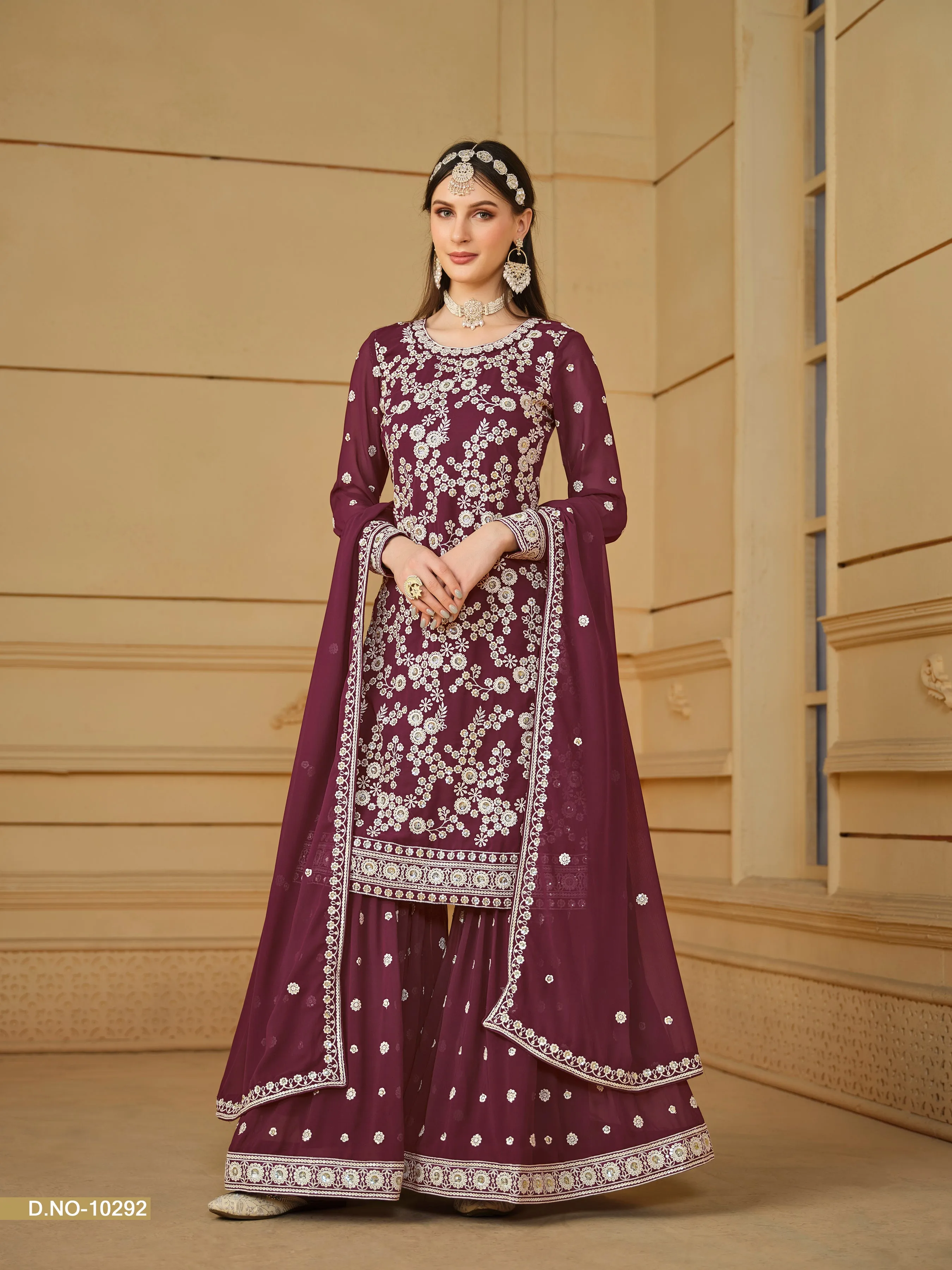 Maroon Real Pure Faux Georgette Embroidered Palazzo Suit