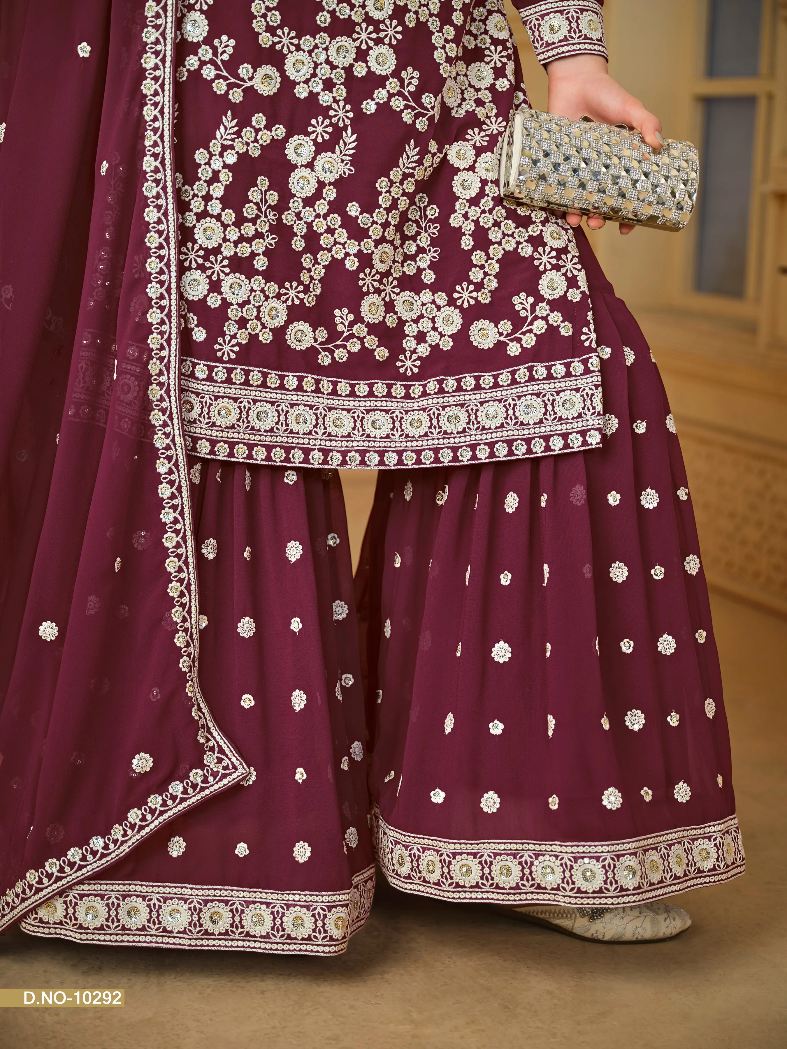 Maroon Real Pure Faux Georgette Embroidered Palazzo Suit