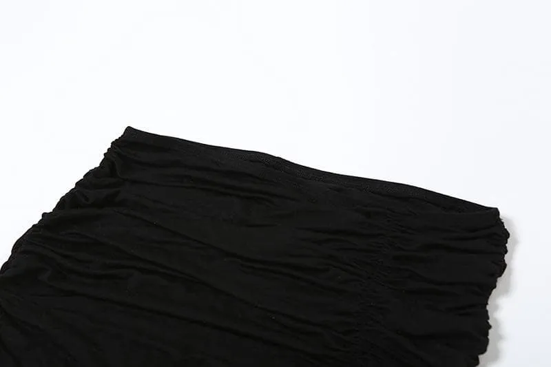 Mesh ruffle ruched slit solid maxi skirt