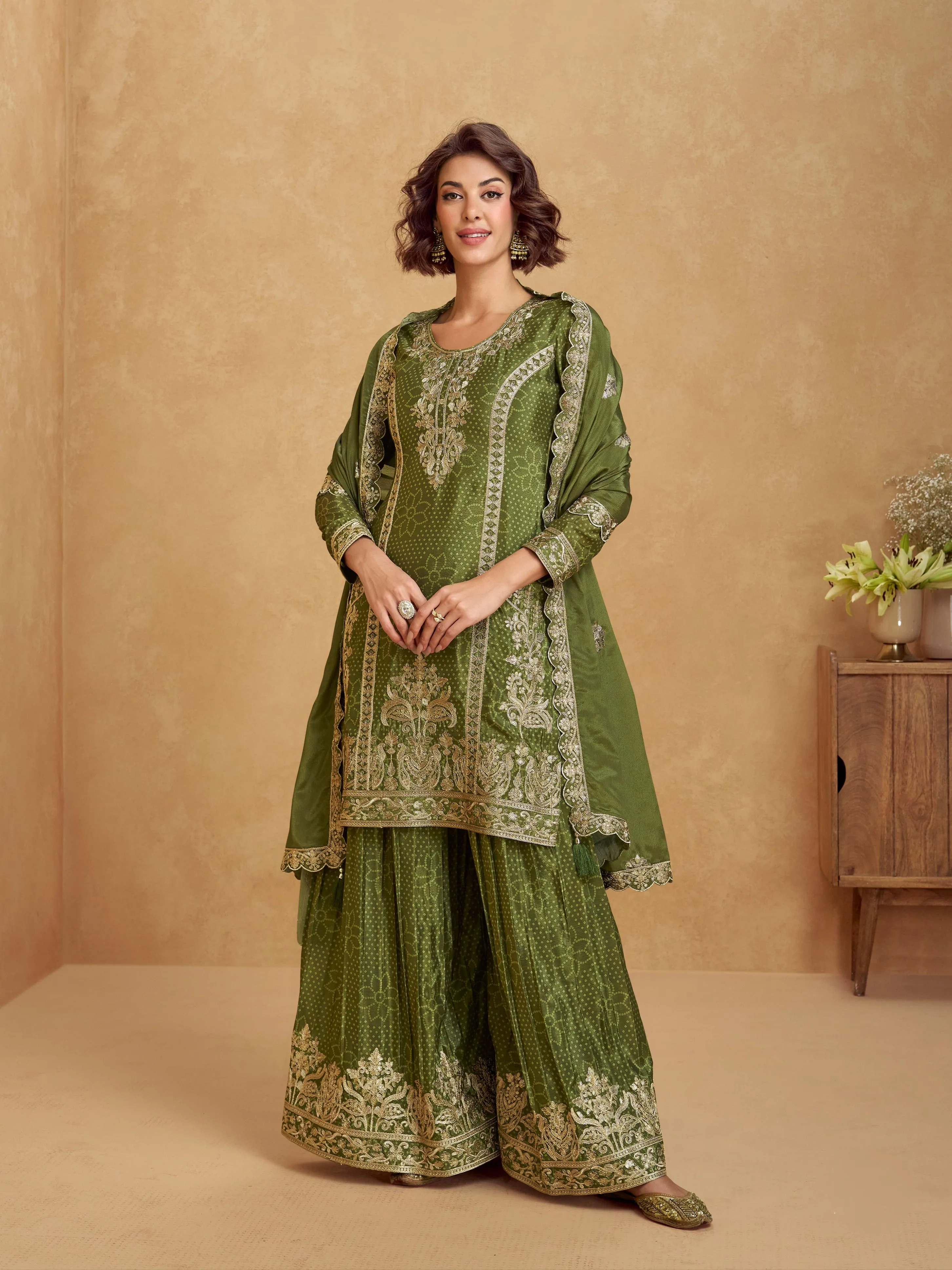 Olive Green Chinnon Silk Palazzo Suit with Embroidery