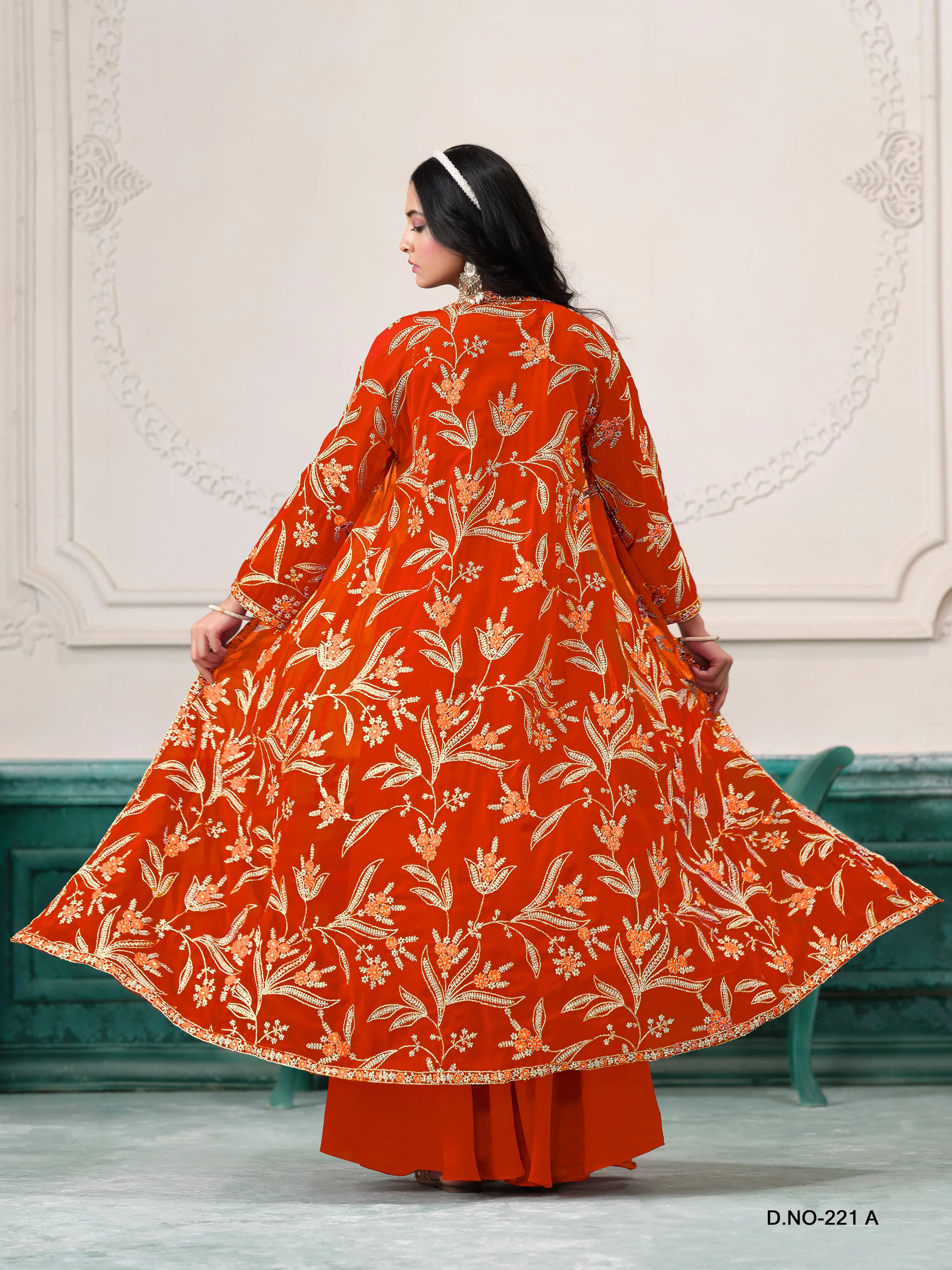 Orange Pure Faux Georgette Embroidered Palazzo Suit