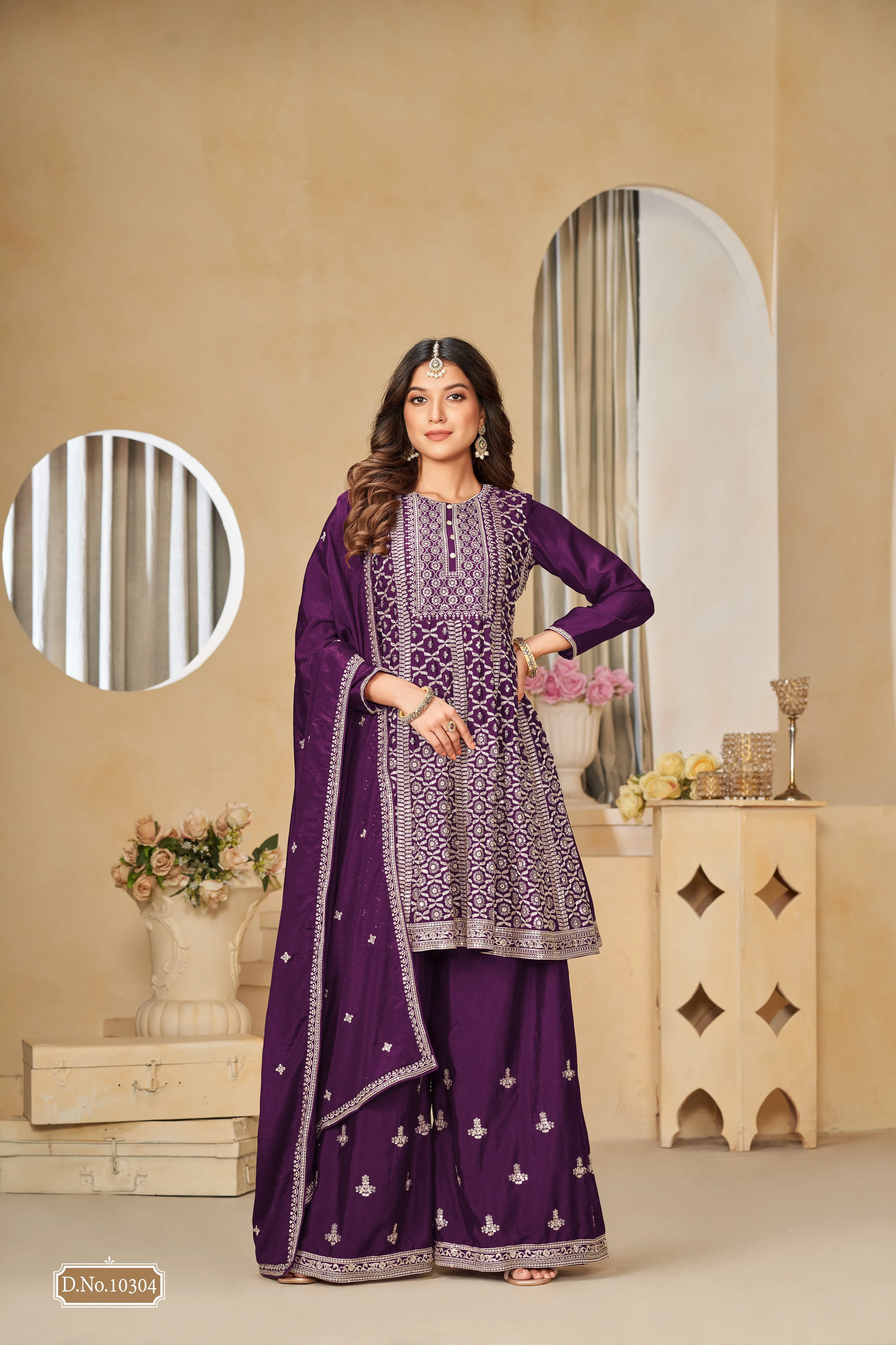 Purple Real Pure Chinnon Heavy Embroidered Palazzo Suit