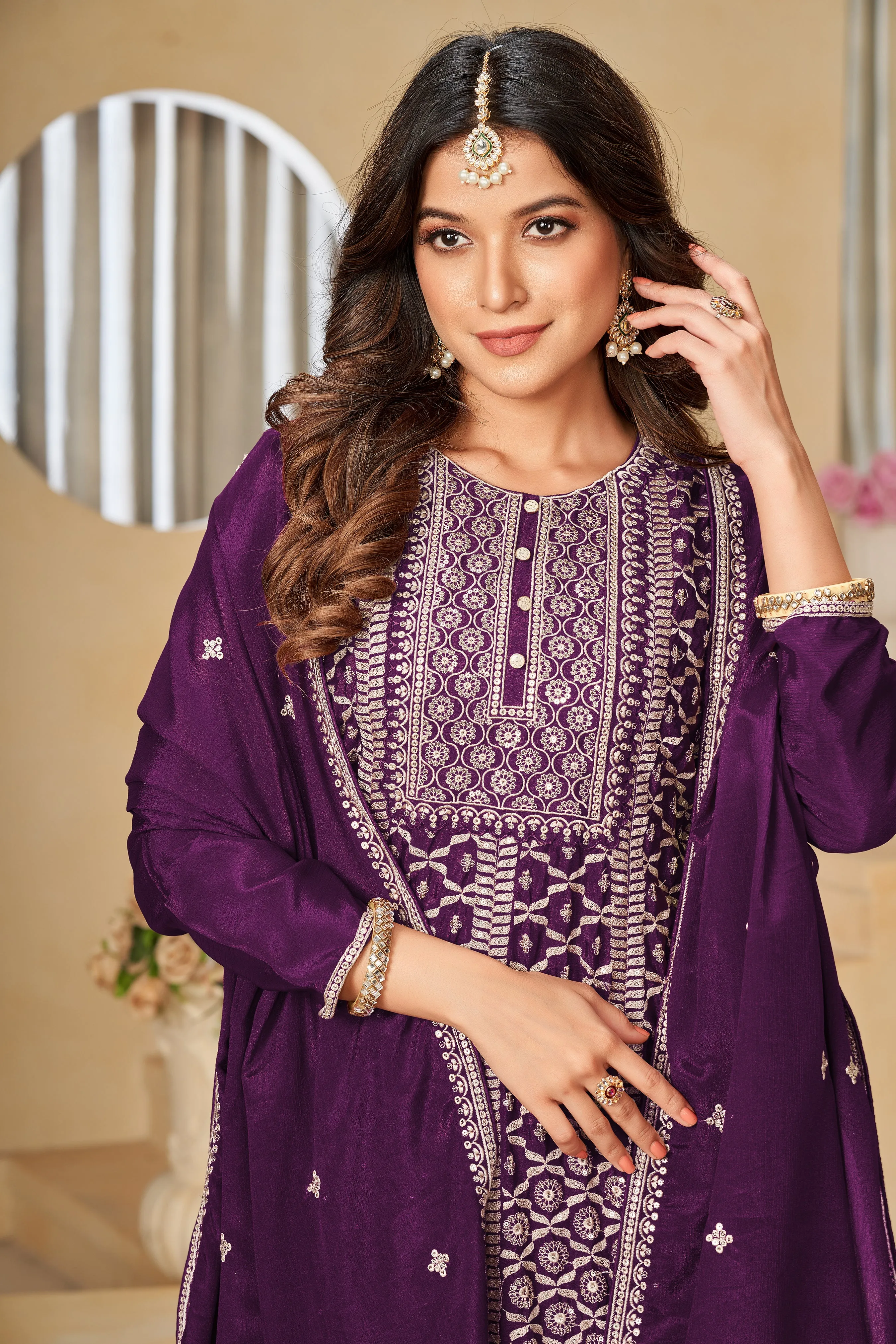 Purple Real Pure Chinnon Heavy Embroidered Palazzo Suit