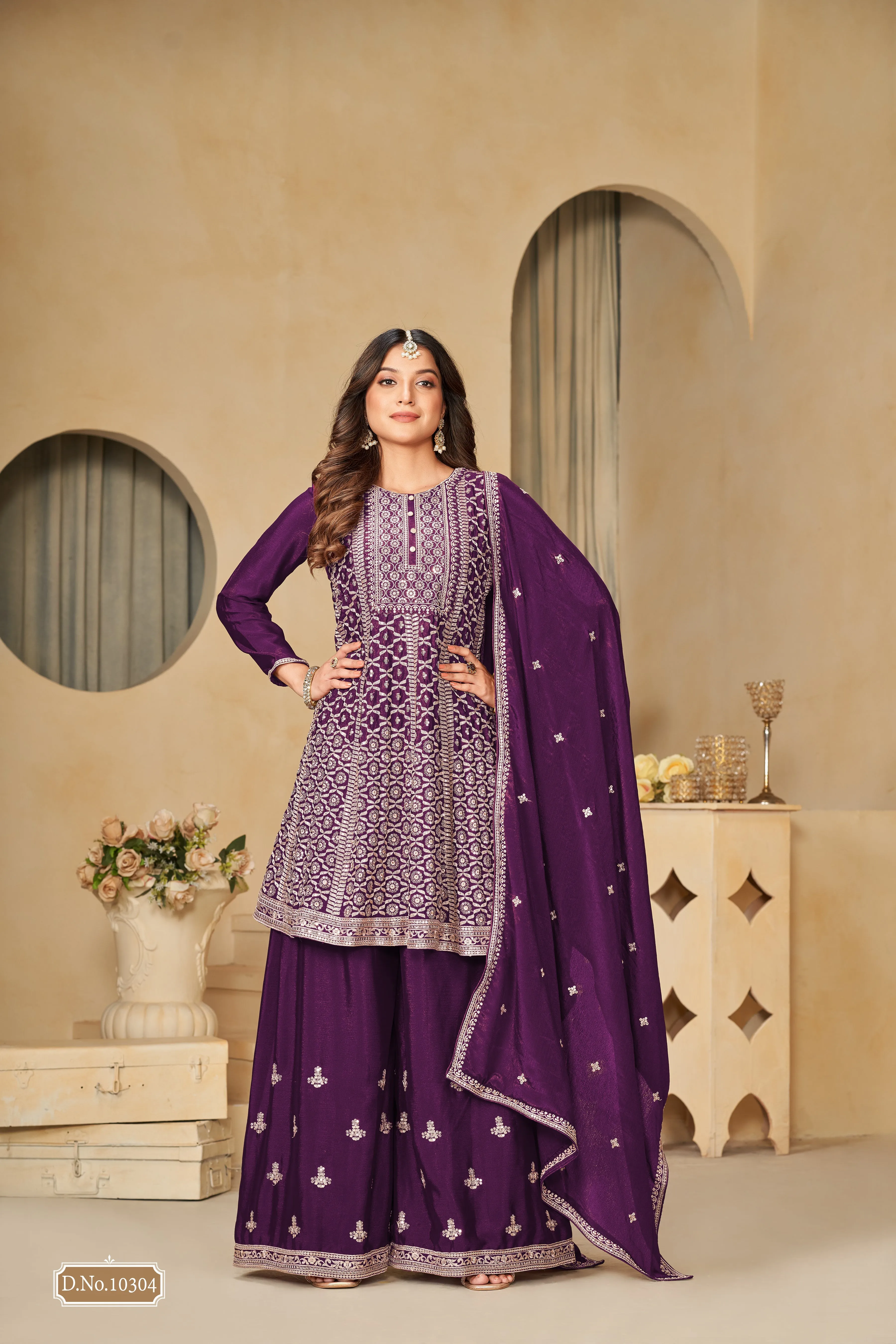 Purple Real Pure Chinnon Heavy Embroidered Palazzo Suit