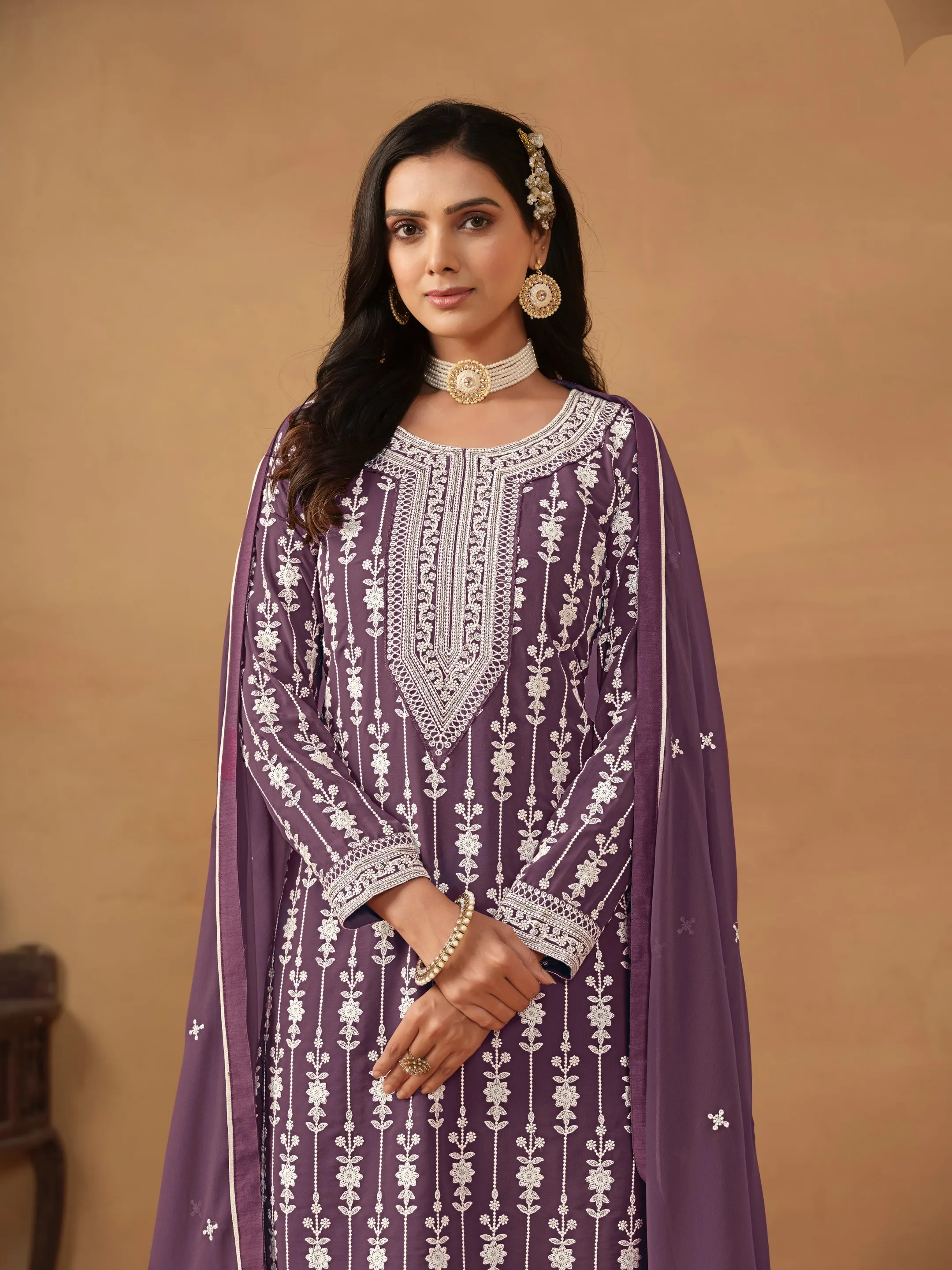 Purple Real Pure Faux Georgette Heavy Embroidered Palazzo Suit