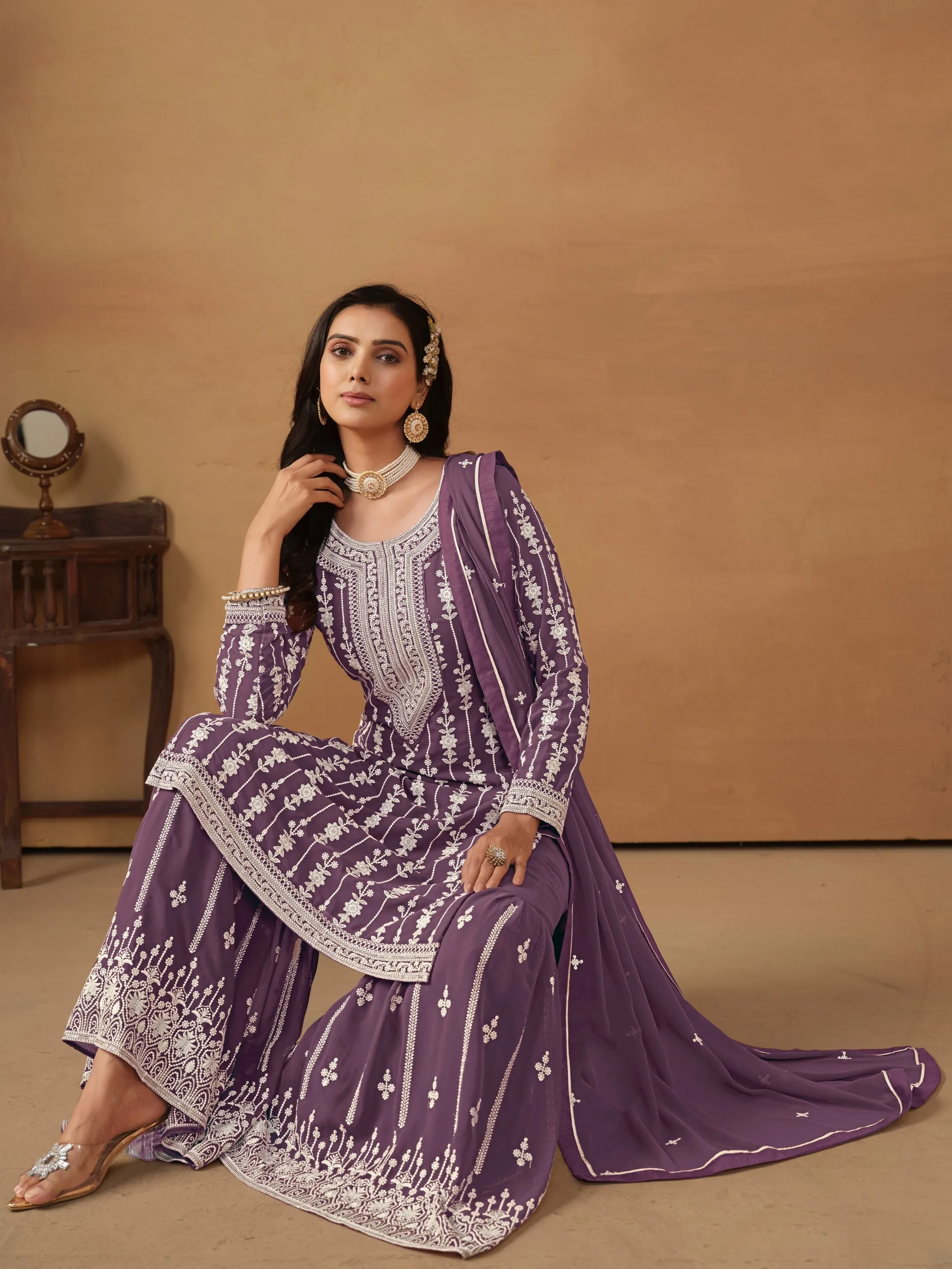 Purple Real Pure Faux Georgette Heavy Embroidered Palazzo Suit